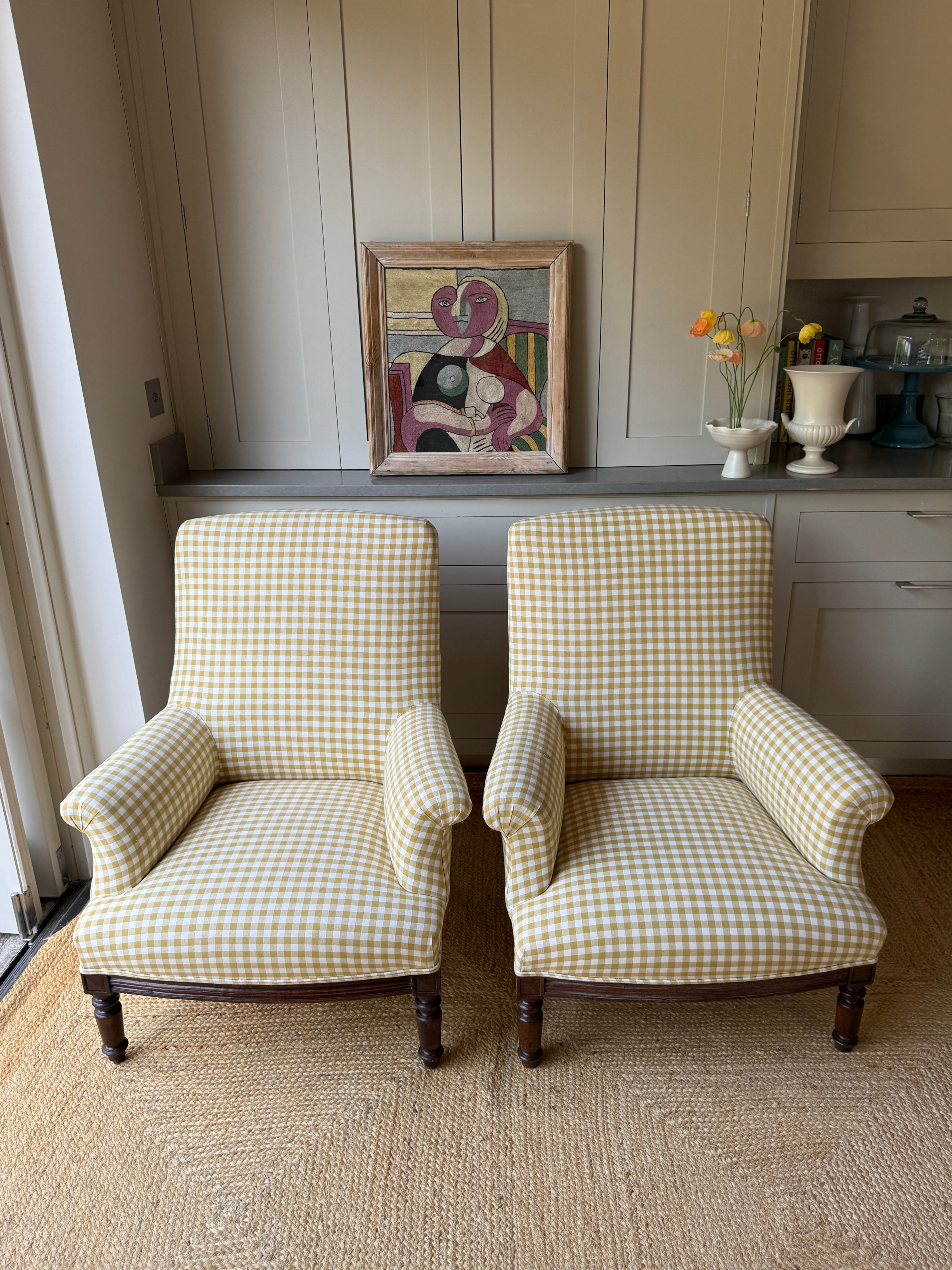 A Pair of Napoleon III Armchairs, Reupholstered in Yellow Gingham