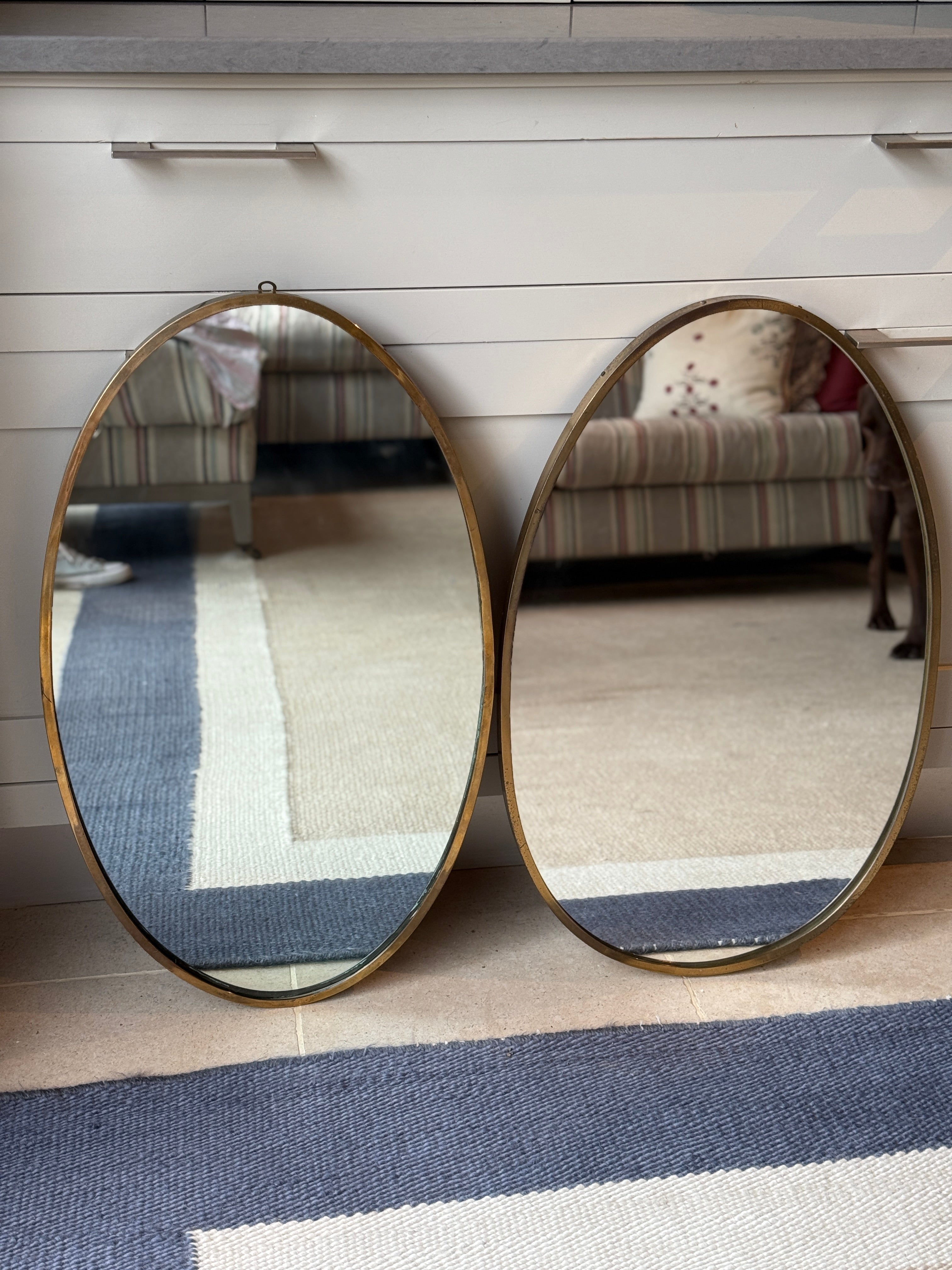 Near Matching Pair of Oval Italian Brass Mirror