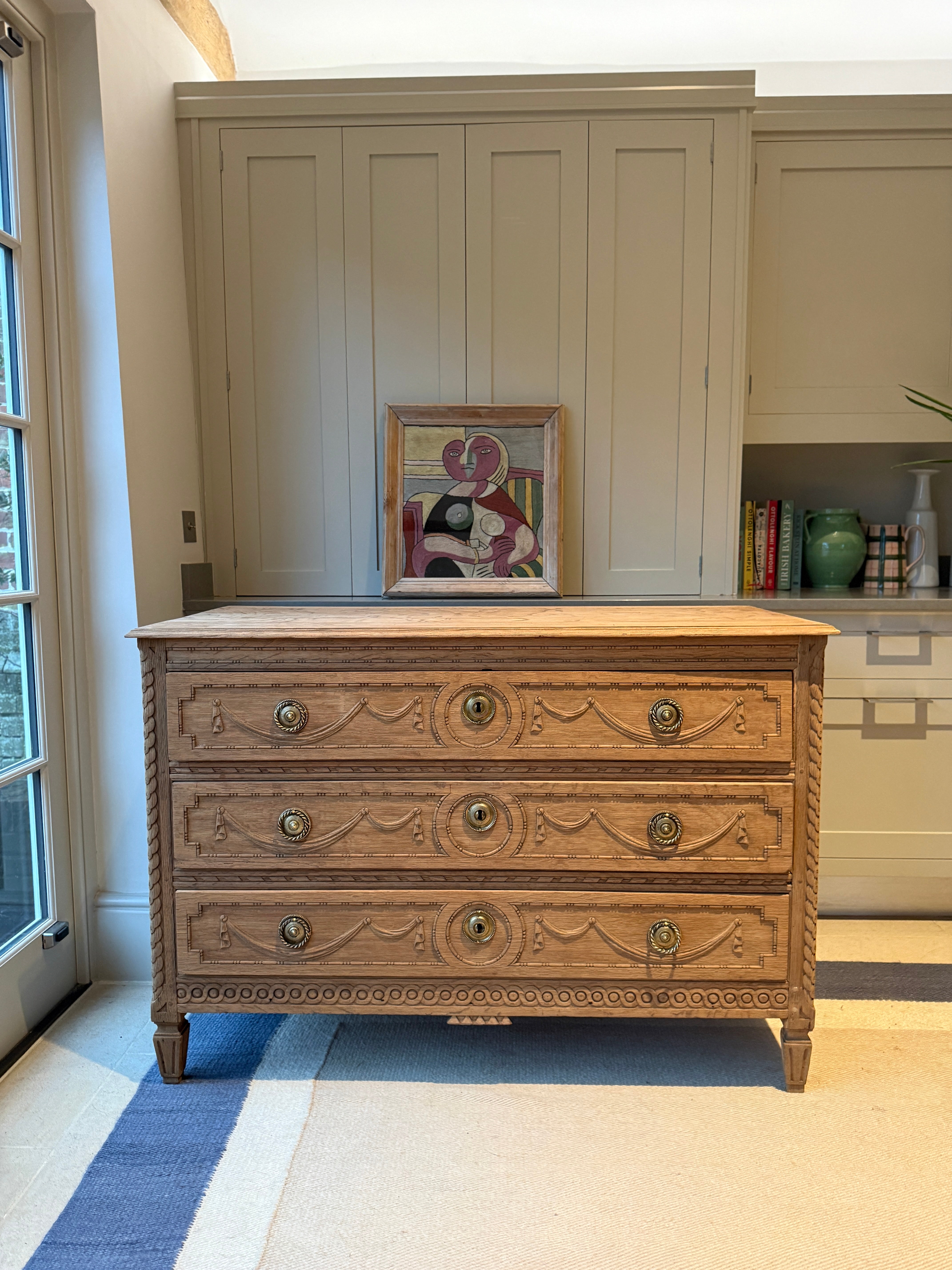Bleached Oak Commode with Carved wood detail throughout