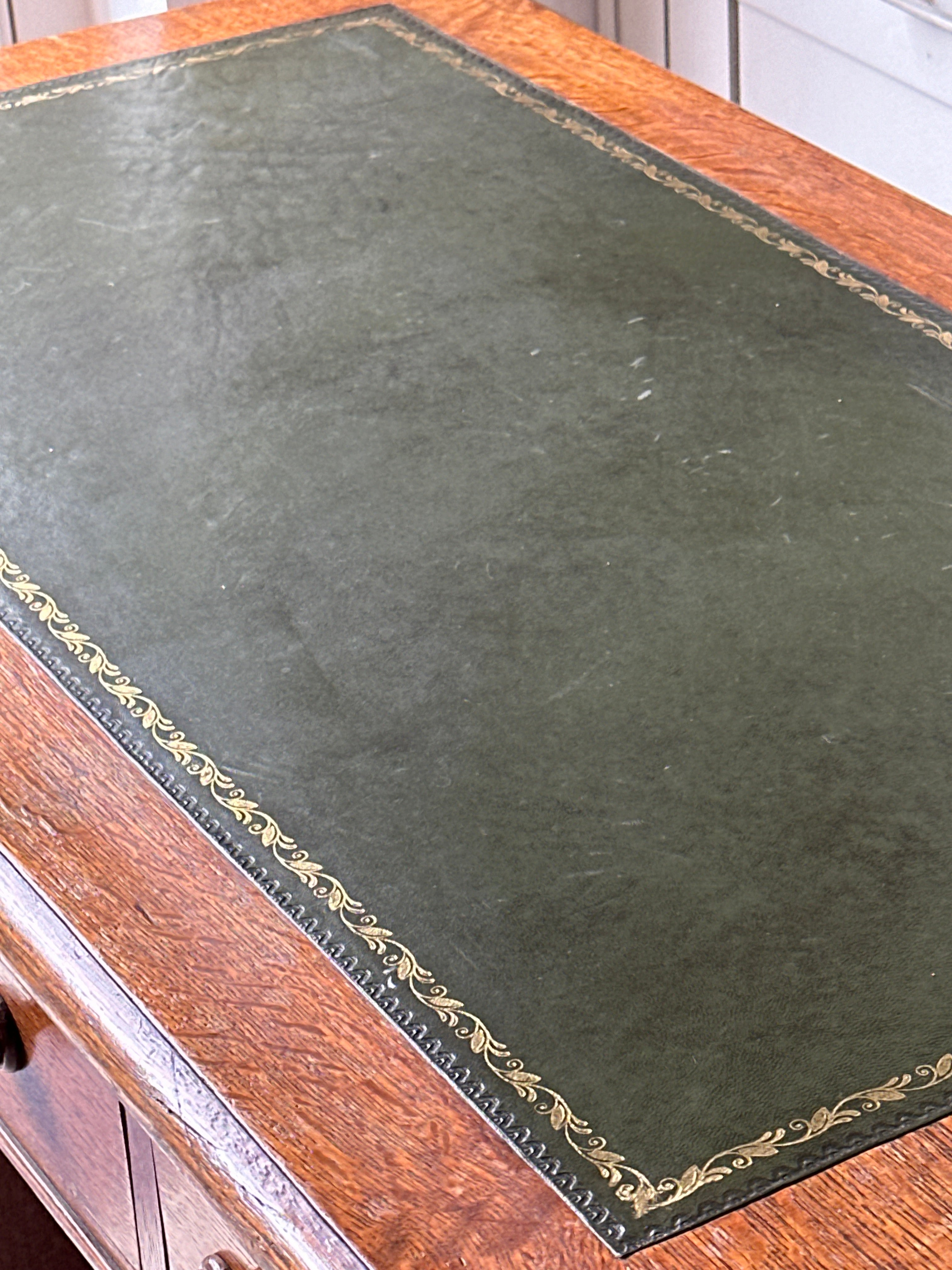 Charming Small Oak Desk with Green Leather Top