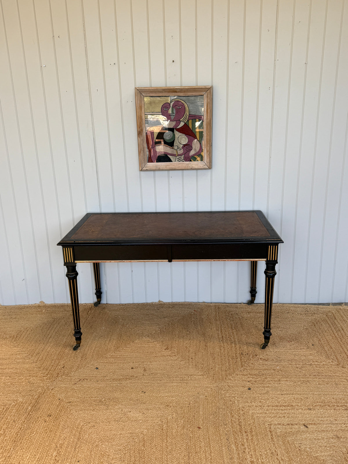 Victorian Aesthetic Movement Ebonised Writing Table with Gilt Detail and Leather Top