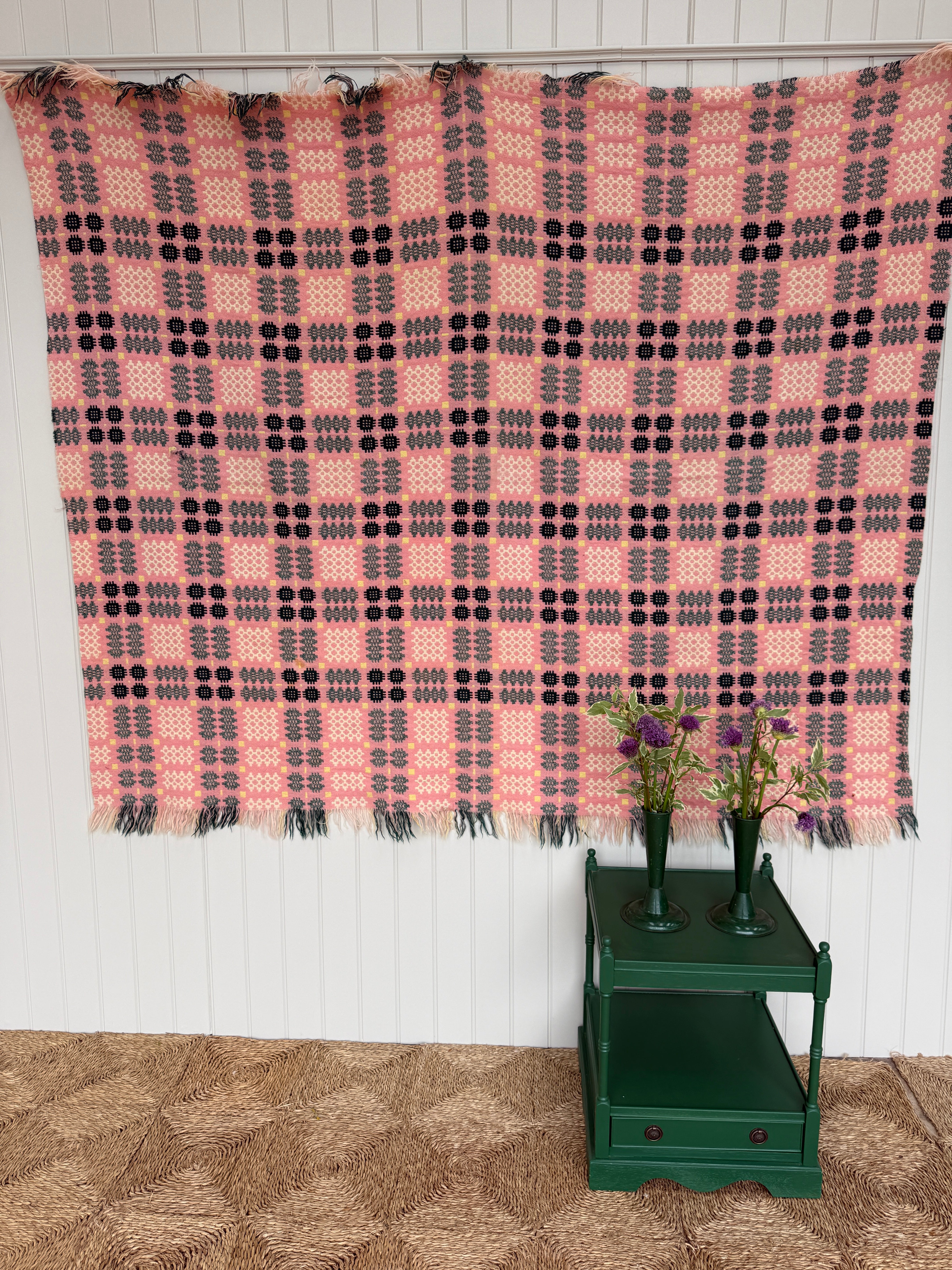 Vintage Welsh Blanket in Pink, Green and Yellow