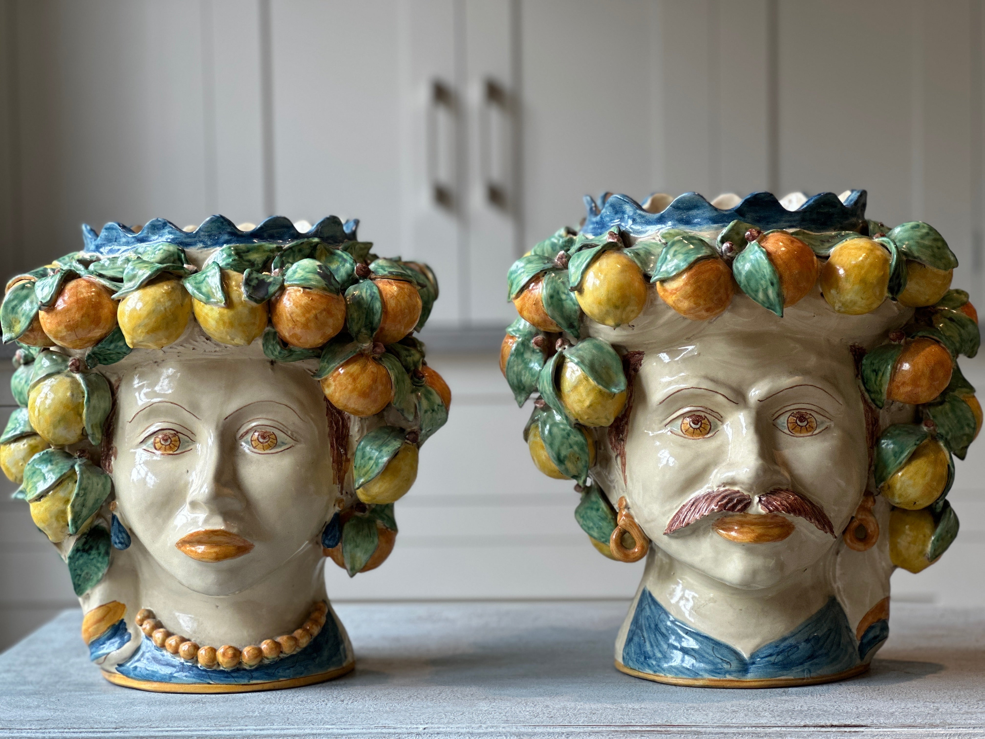 Large Pair of Vintage Sicilian Moor Heads with lemon and orange headdress.