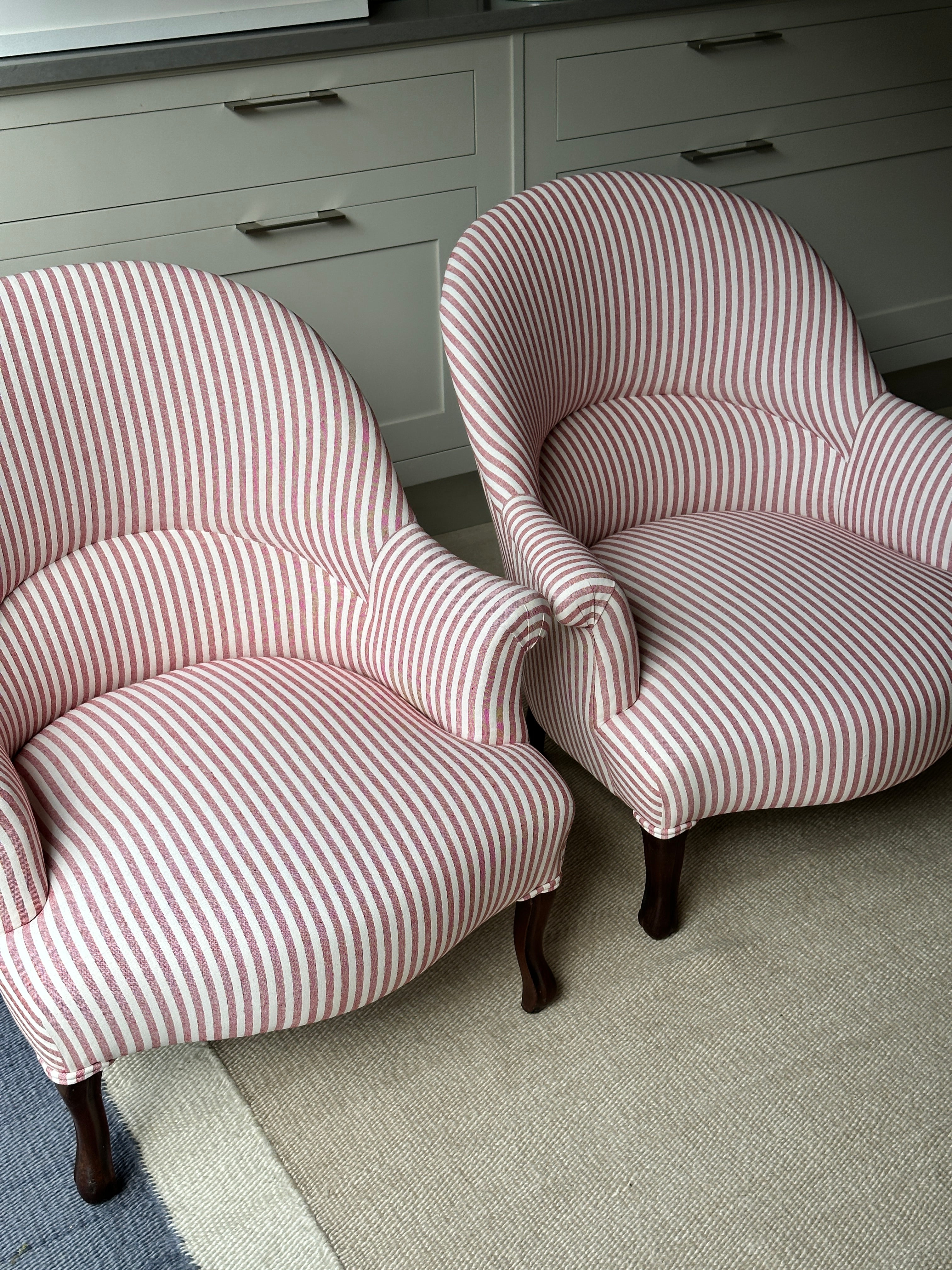C19th French Crapaud Tub Chairs in Red and White Ticking