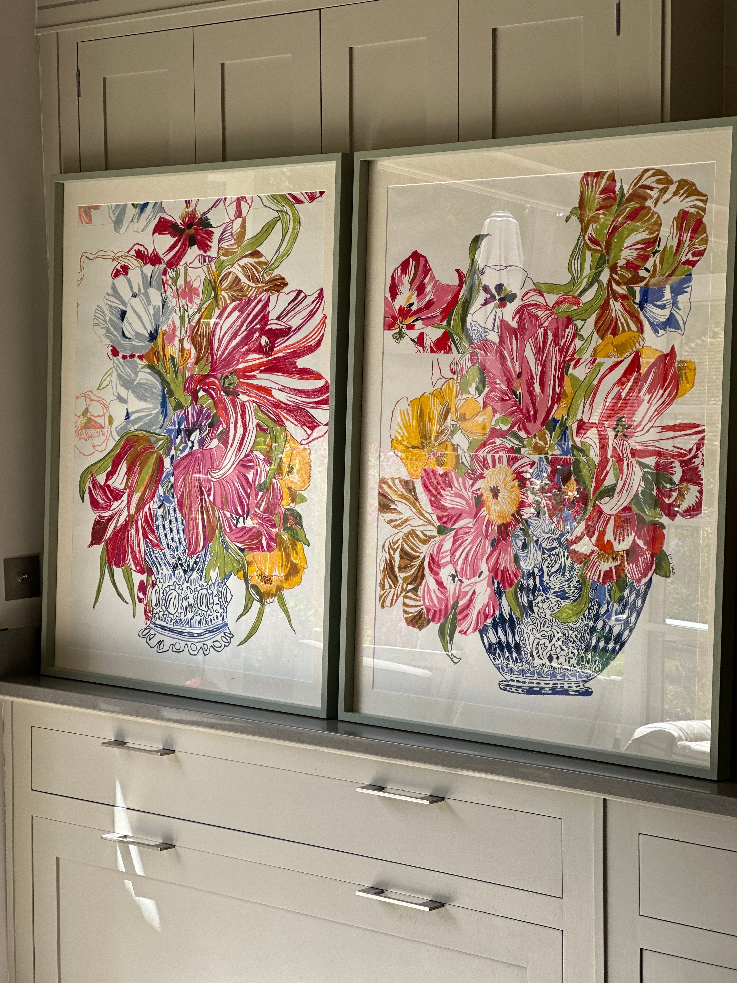 Ochre and Red Tulips - Delft Pot Oil Pastel Collaged by Isabel Fishlock