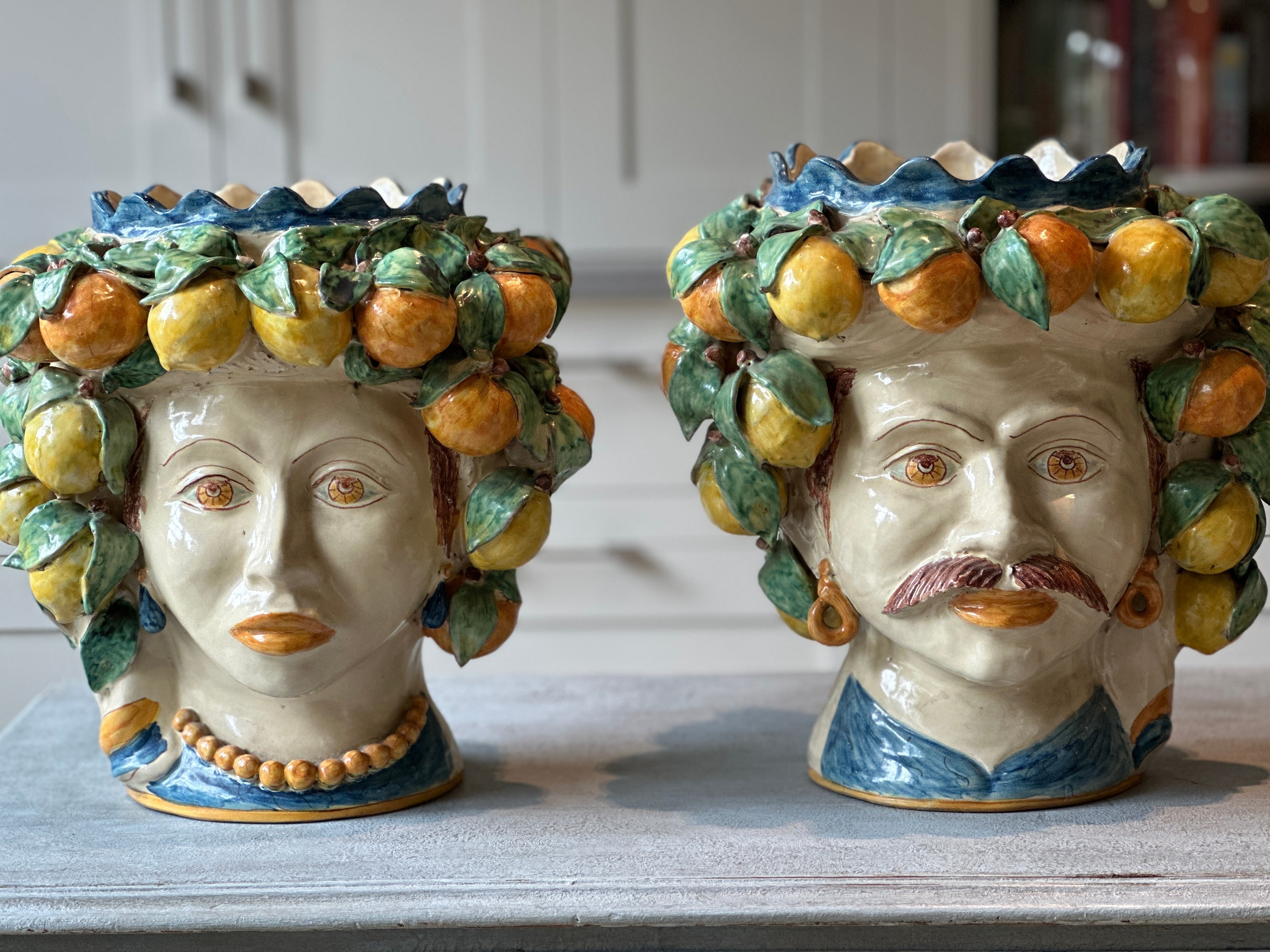 Large Pair of Vintage Sicilian Moor Heads with lemon and orange headdress.
