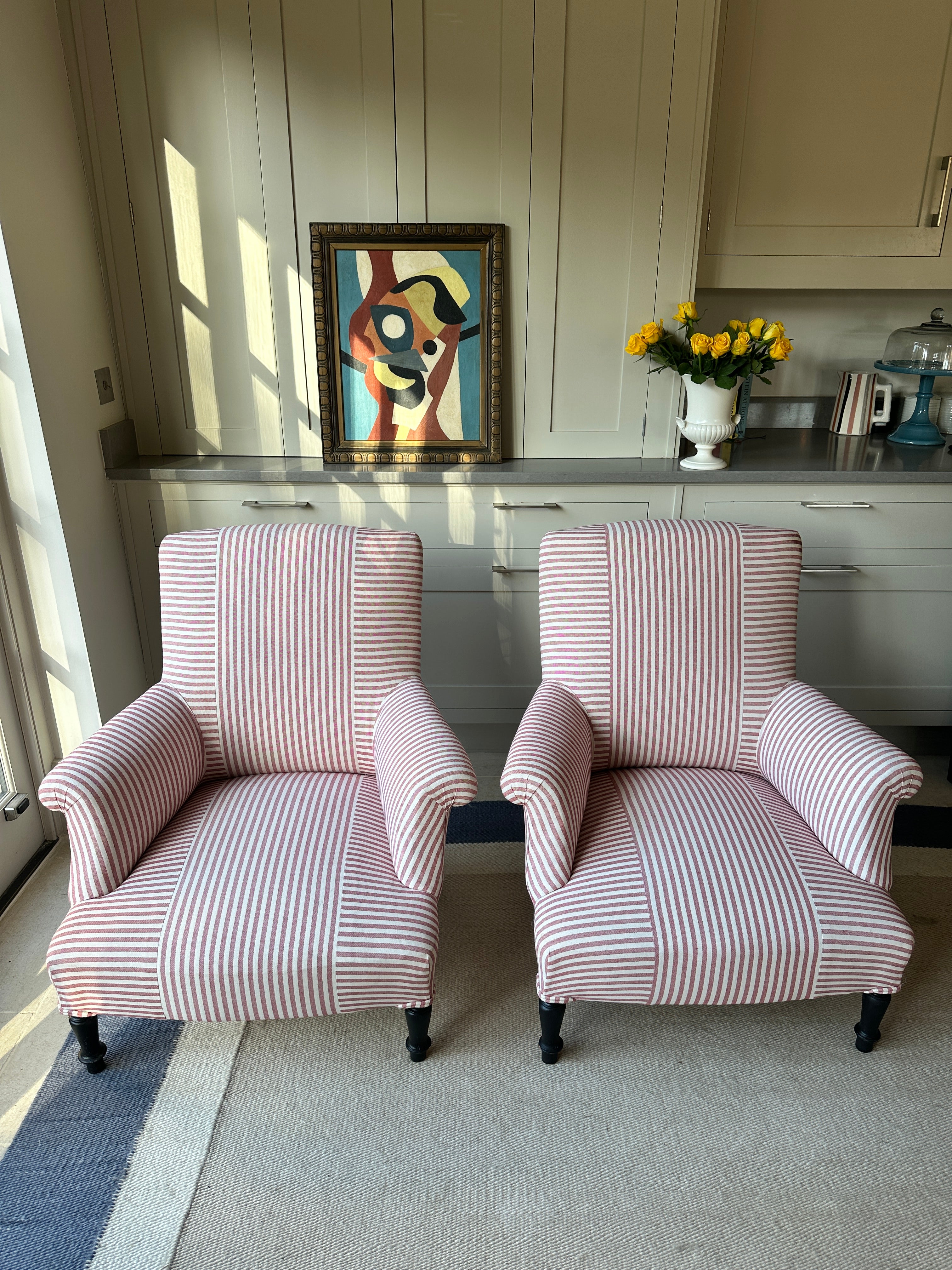 Pair of Napoleon III Squareback chairs in Red ticking Criss Cross