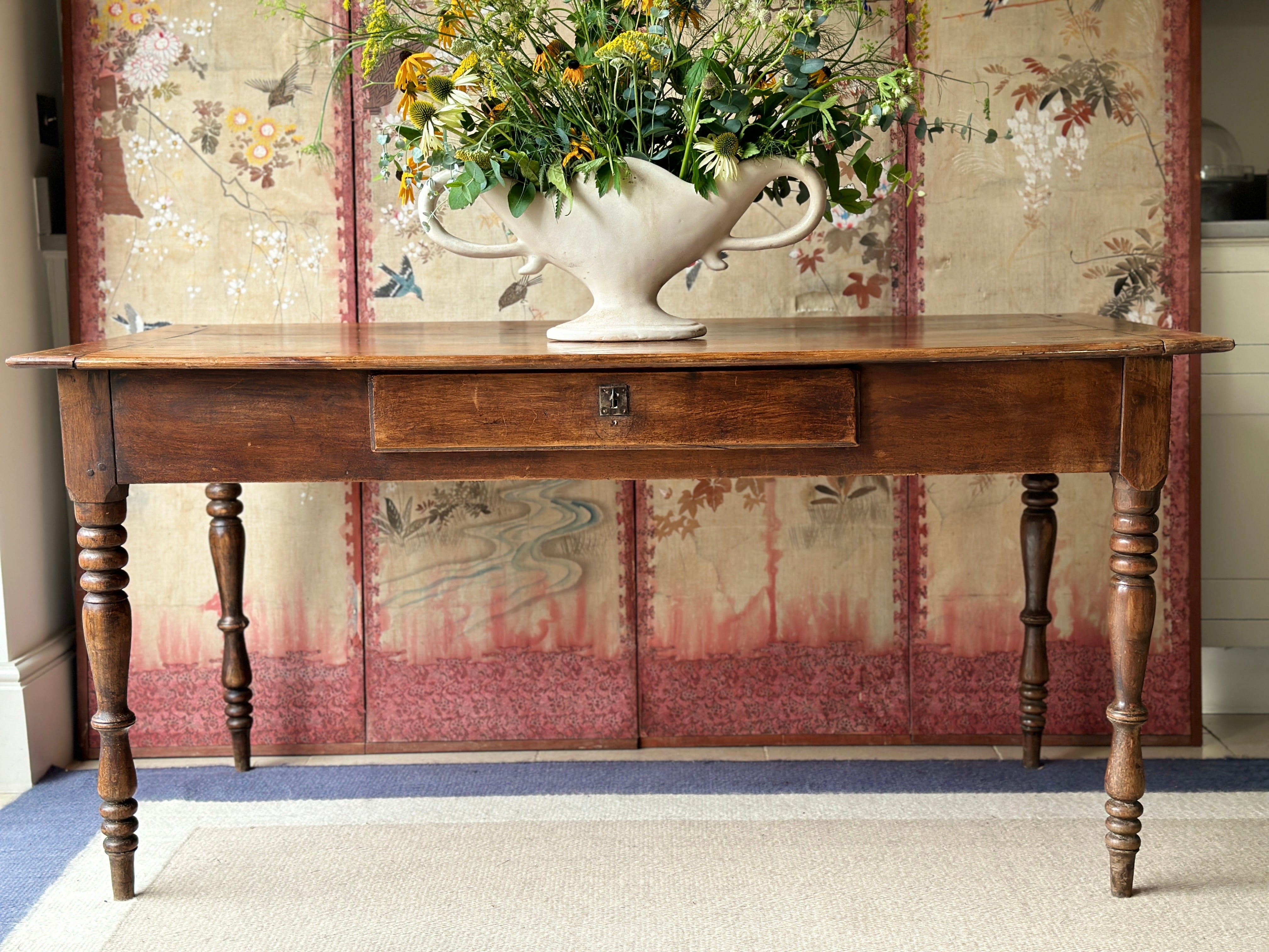 French Antique Pine Dining Table with drawer