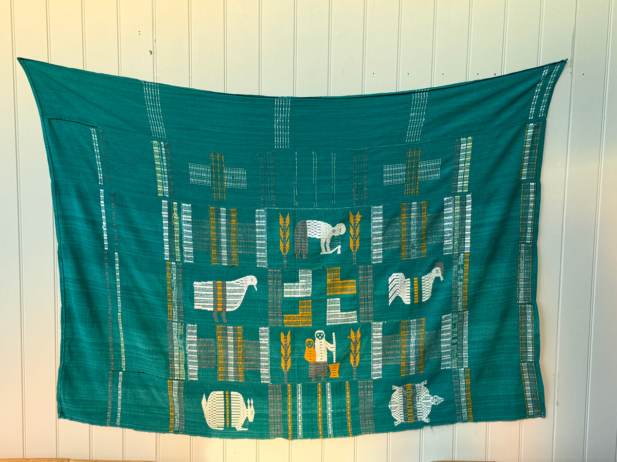 Senufo Hand-Woven Cotton Textile, Teal Green with Figurative Motifs