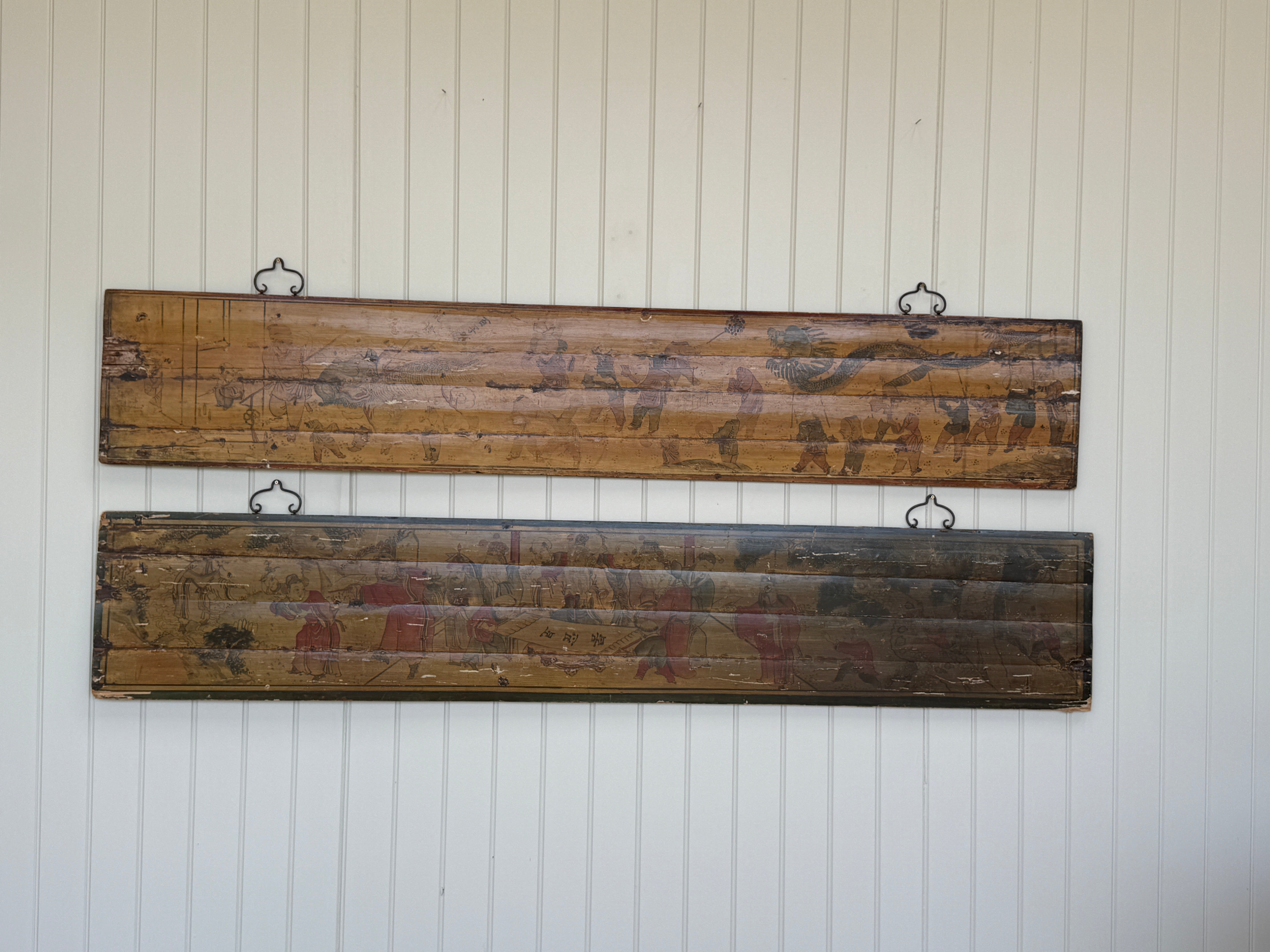 A Pair of Chinese Painted Pine Bed Canopy Panels