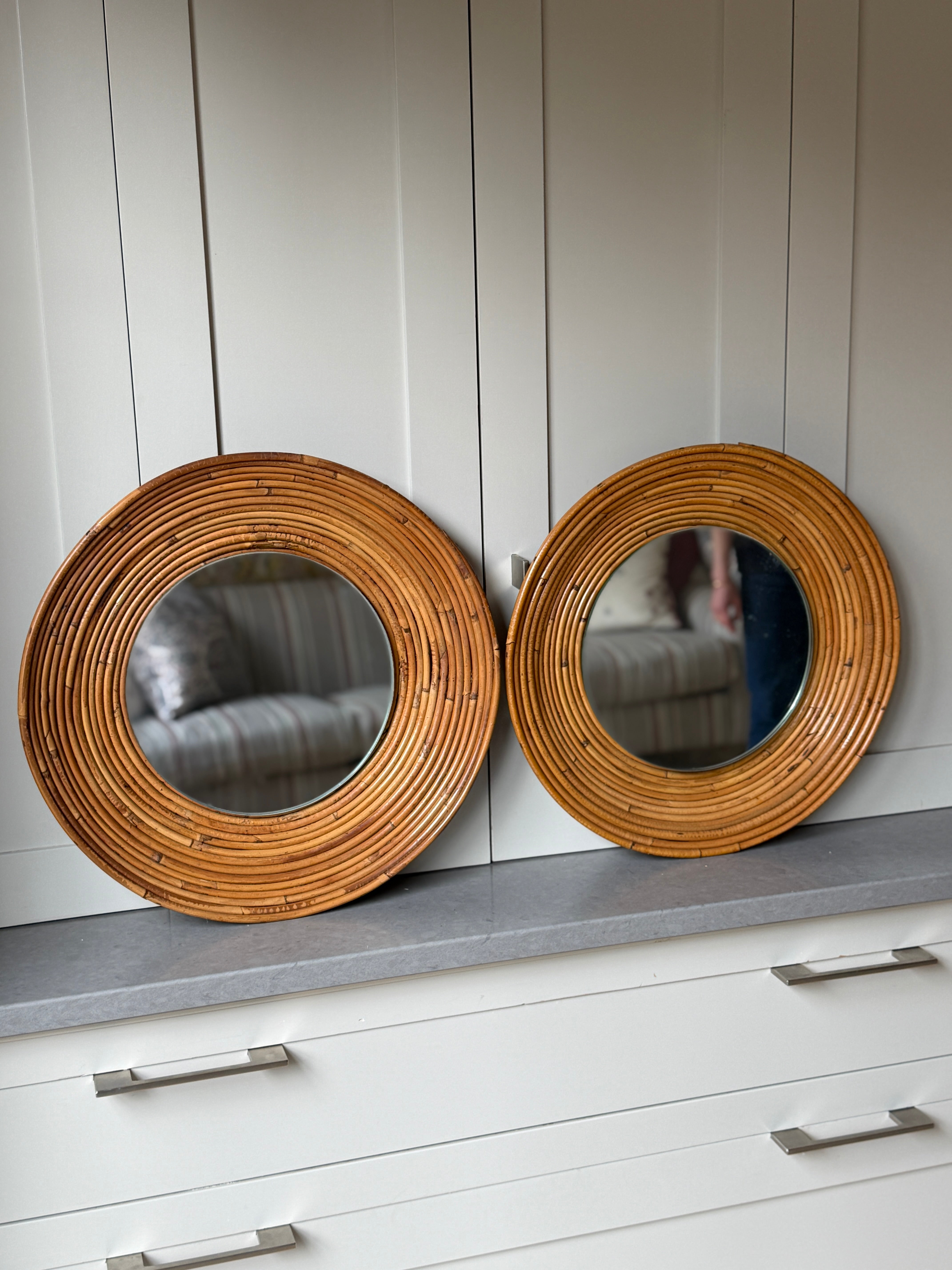 Pair of Round Rattan Mirrors - Italian 1960s