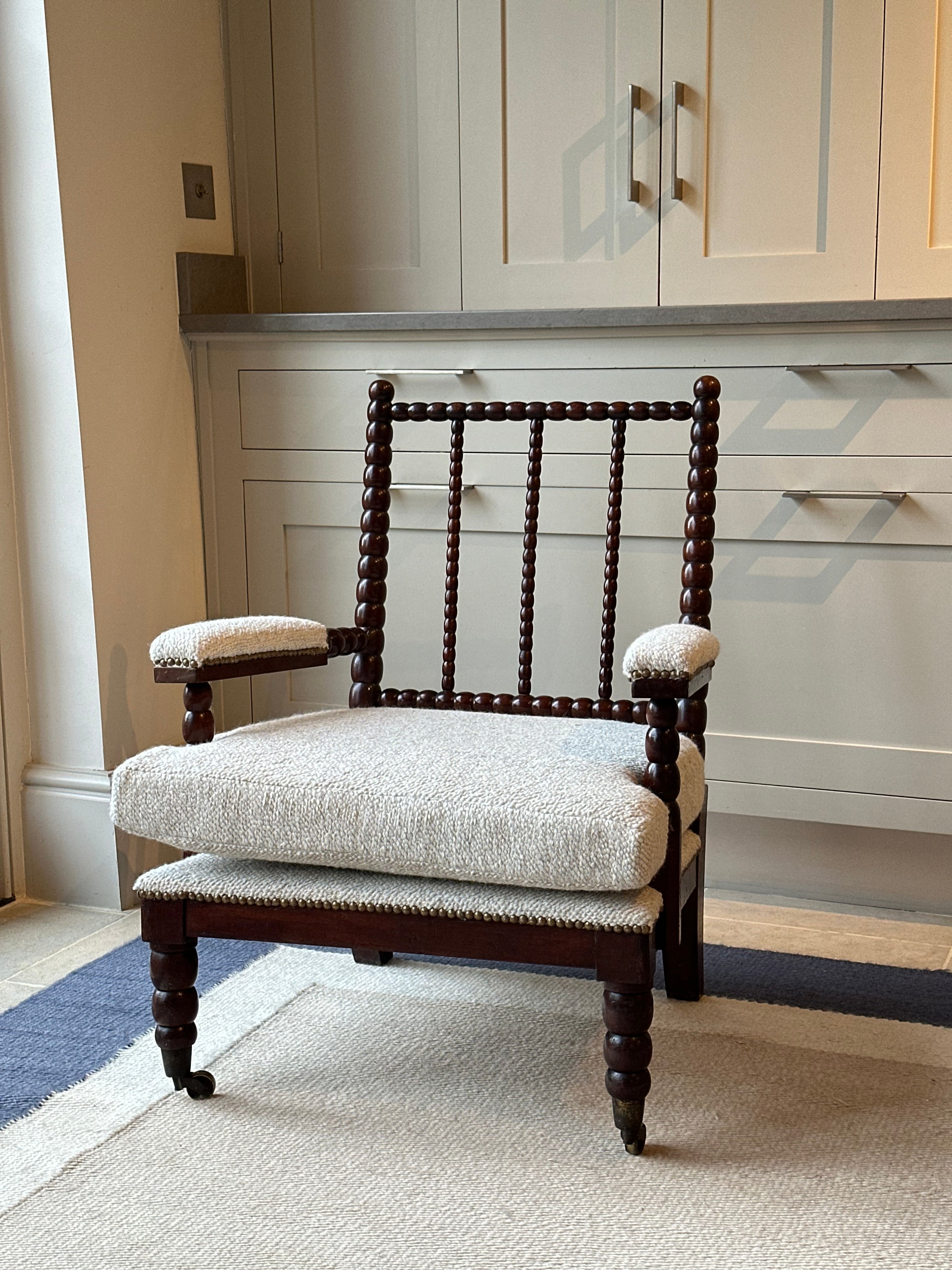 Early C20th Bobbin Turned Open Chair in soft oatmeal coloured wool