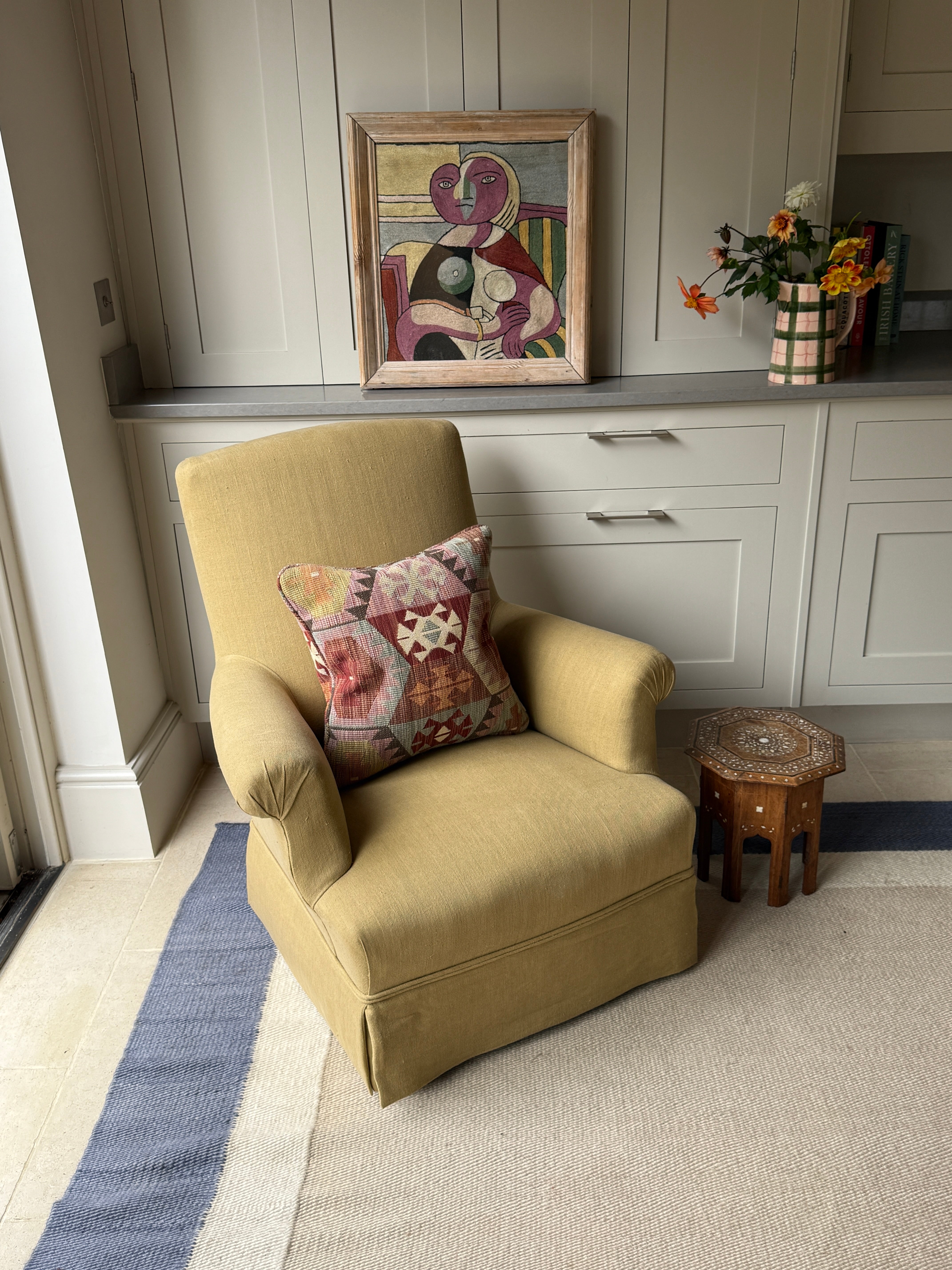French Squareback Chair Upholstered on yellow linen with skirt