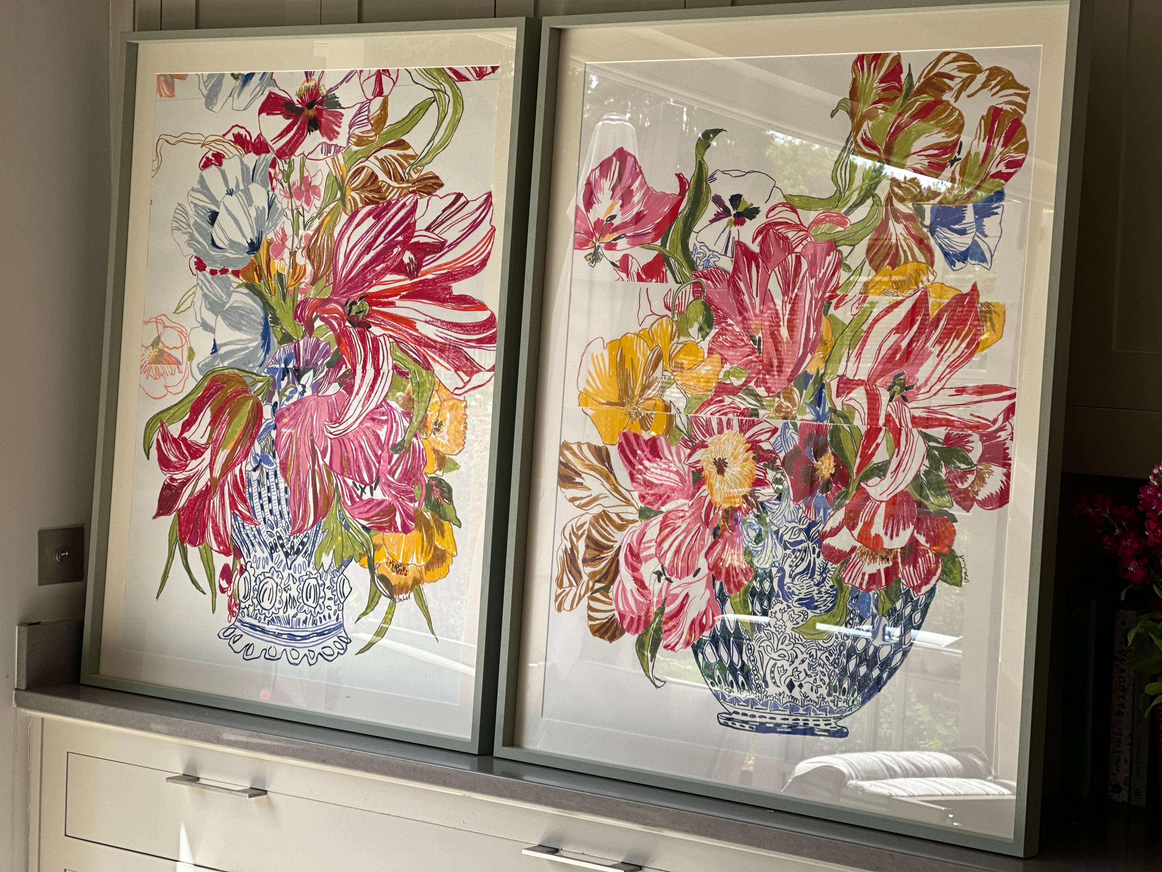 Ochre and Red Tulips - Delft Pot Oil Pastel Collaged by Isabel Fishlock