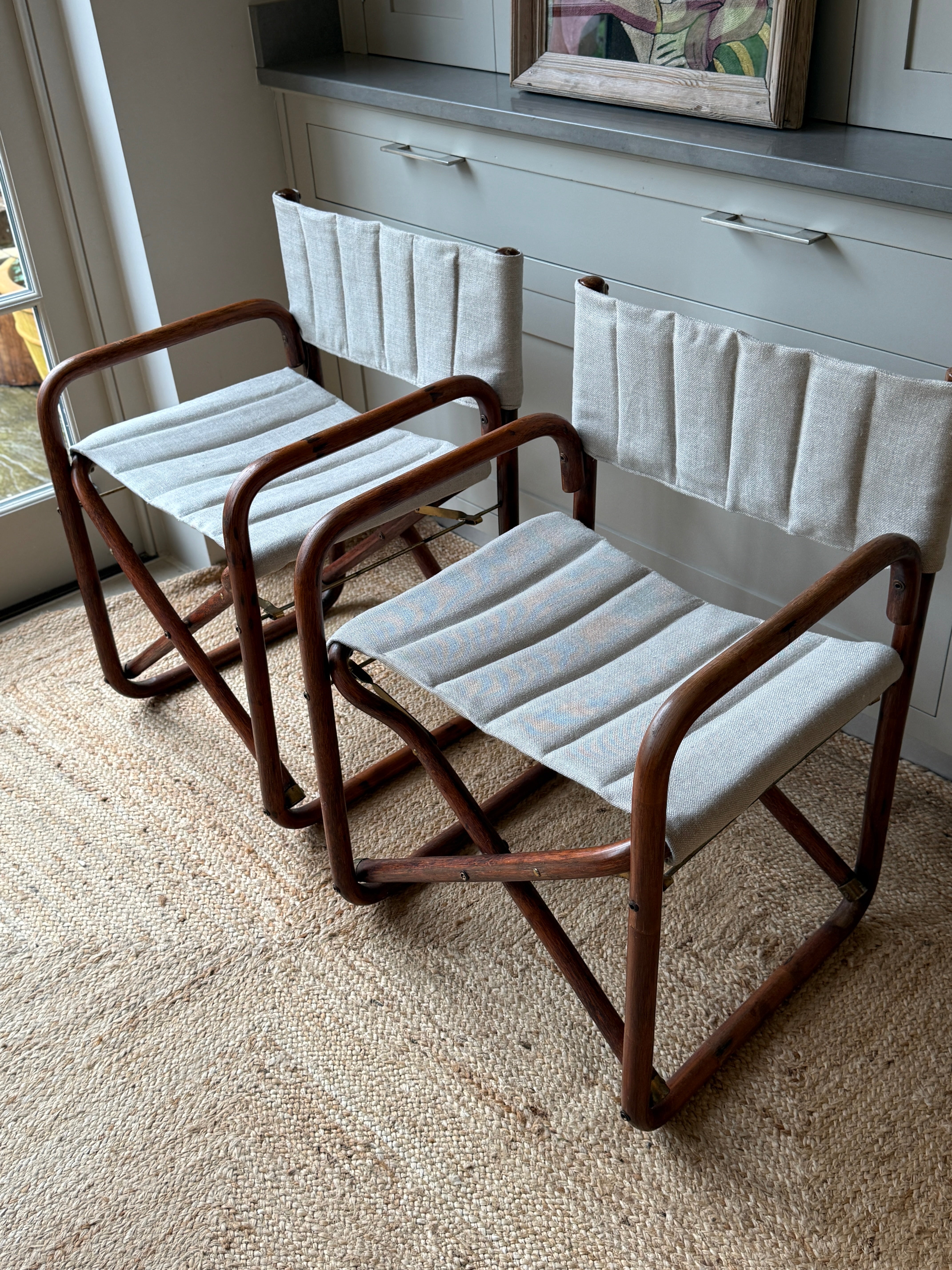Pair of Italian Rattan and Brass Foldable Campaign Chairs