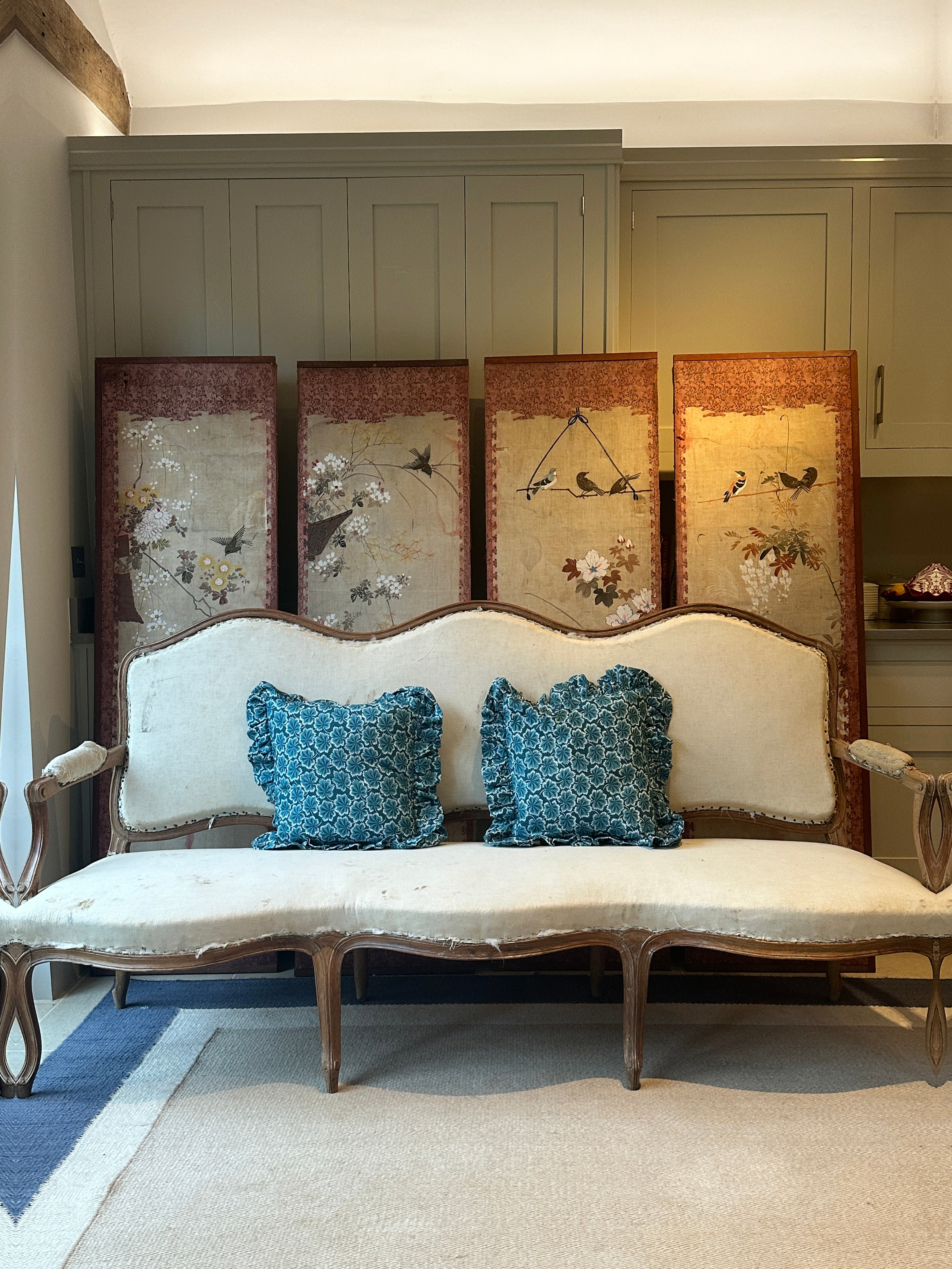 Large French Fauteuil Sofa reupholstered in Le Manach Balmoral Blue (Pierre Frey)
