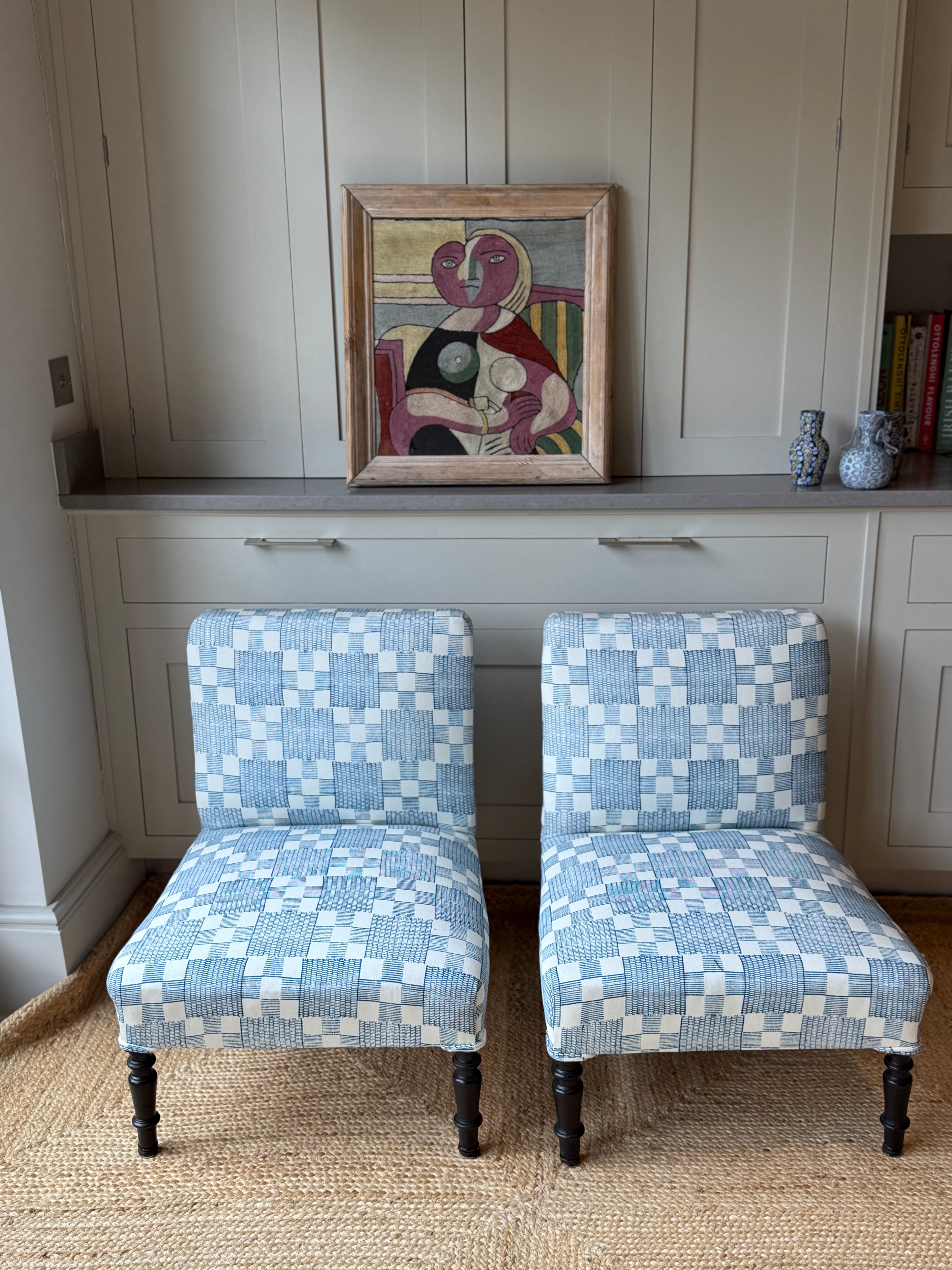 Pair of French Slipper Chairs in Jennifer Shorto Petrol Blue Panama