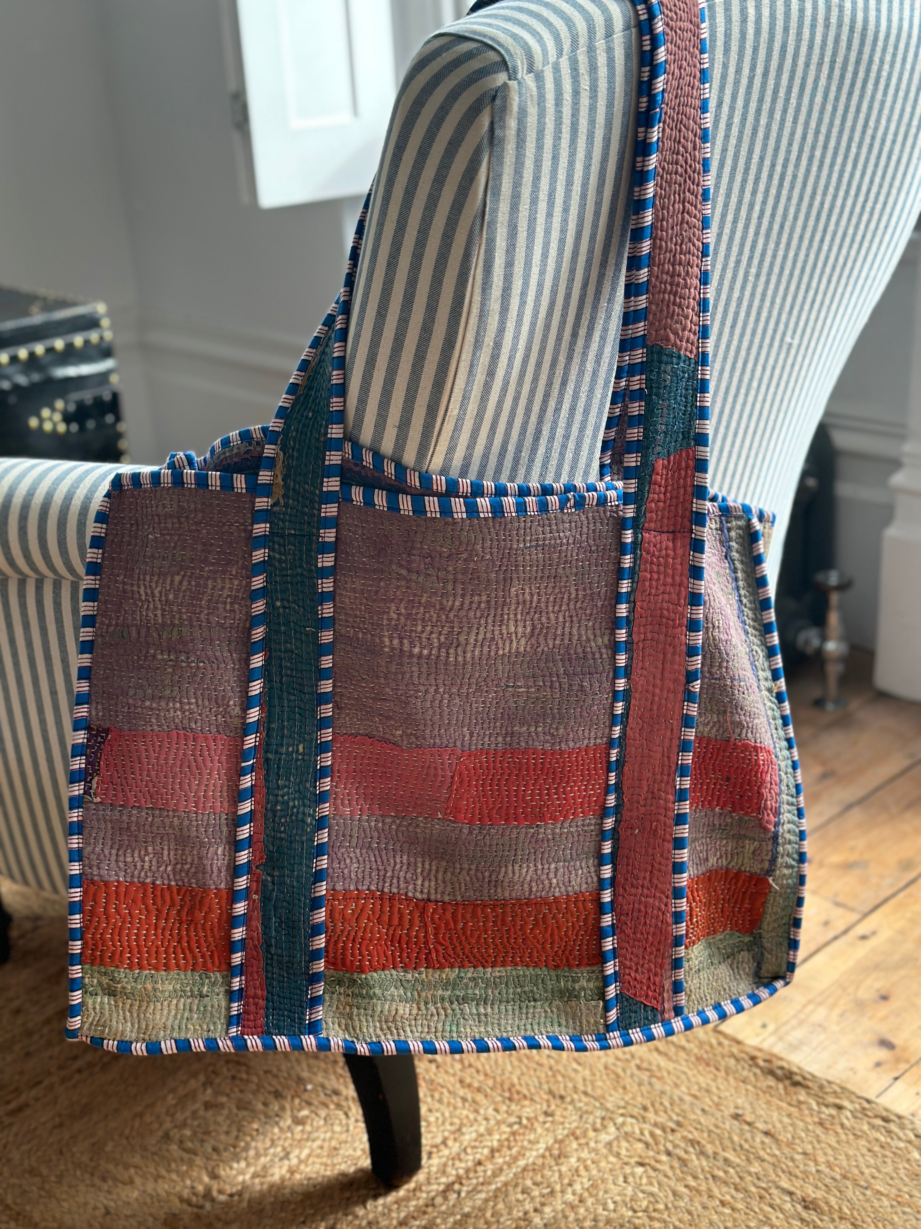 Vintage Indian Kantha Totes with Stripy Piping