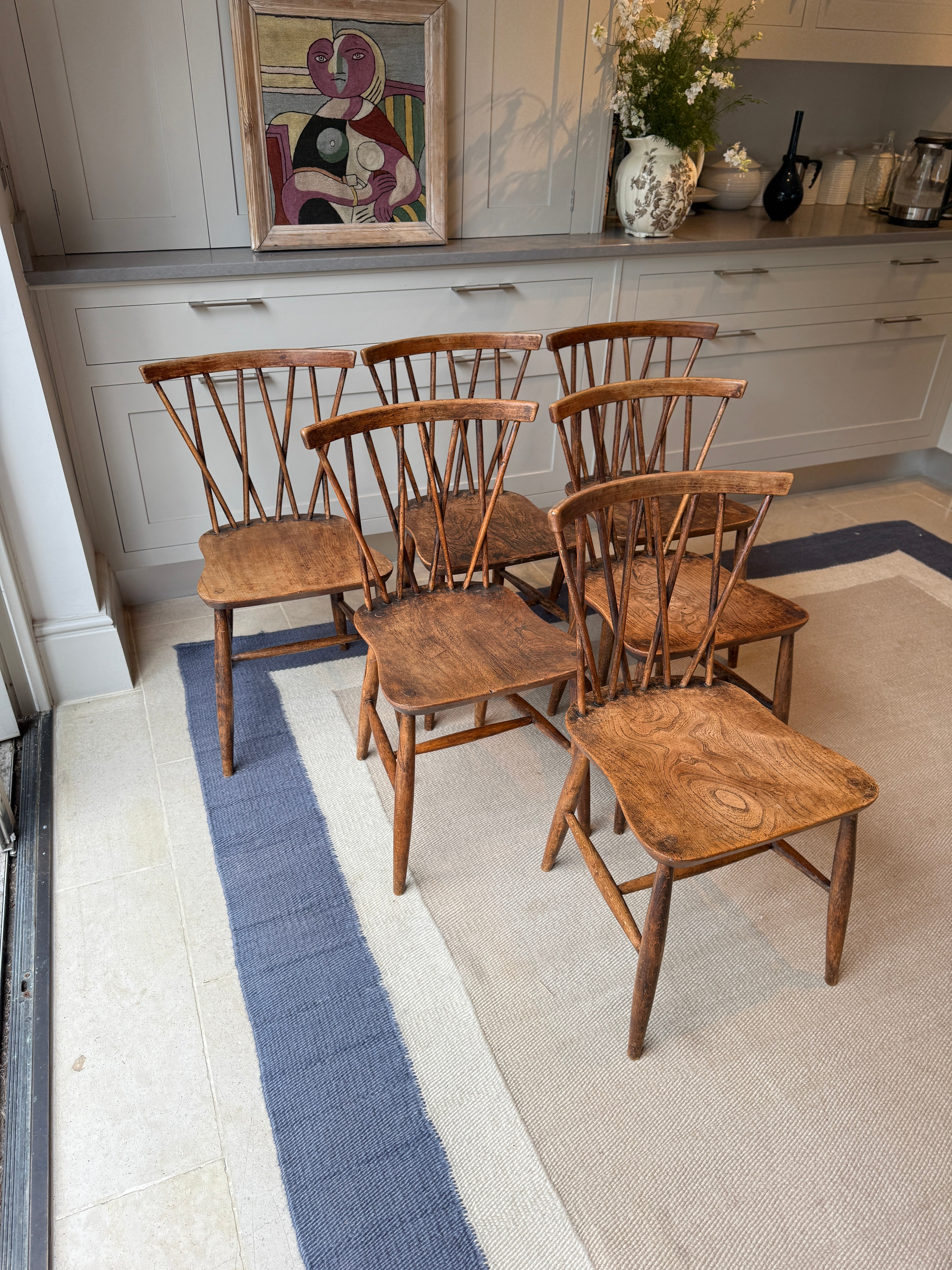 Set of Six Oak Chairs with Criss Cross Backs