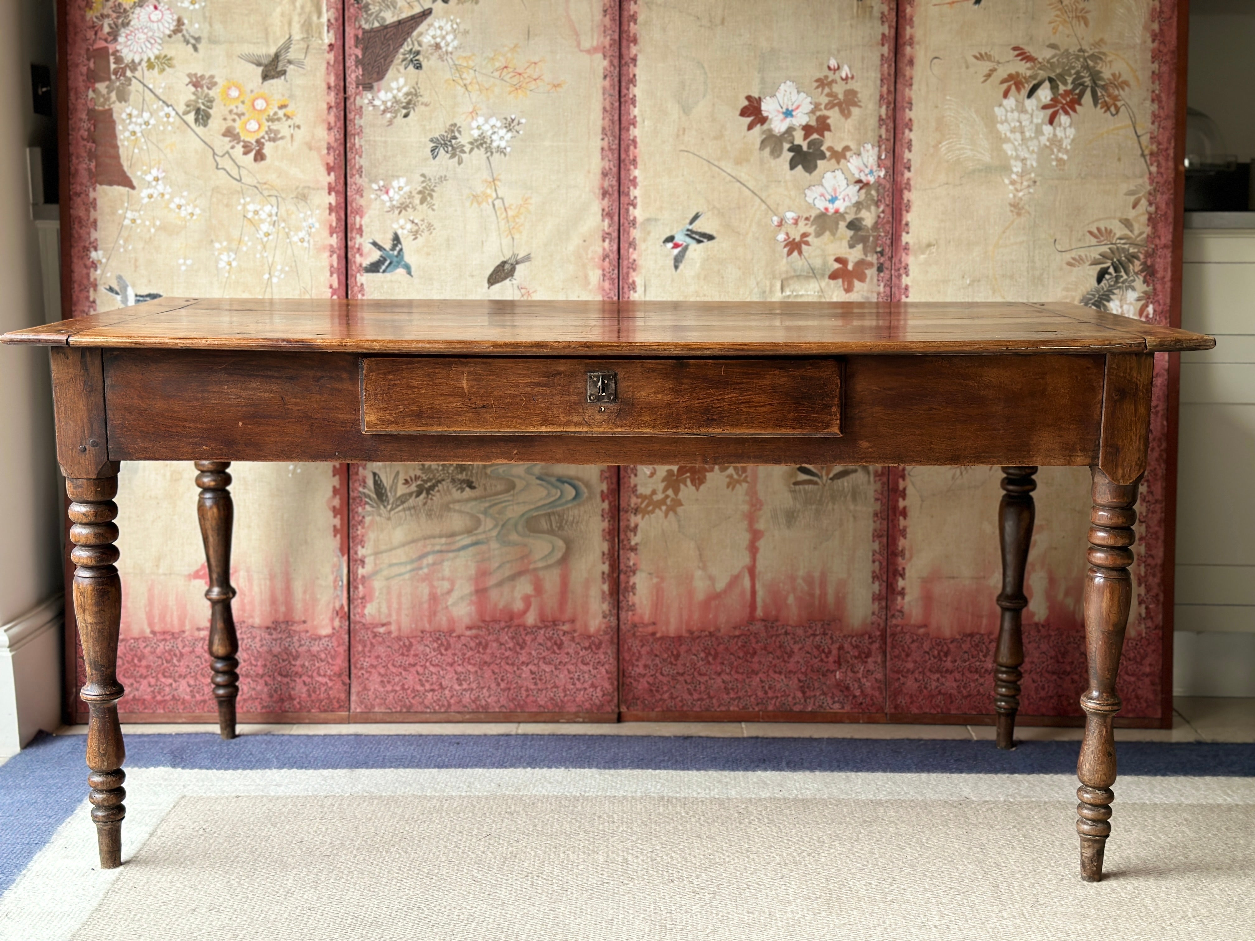 French Antique Pine Dining Table with drawer