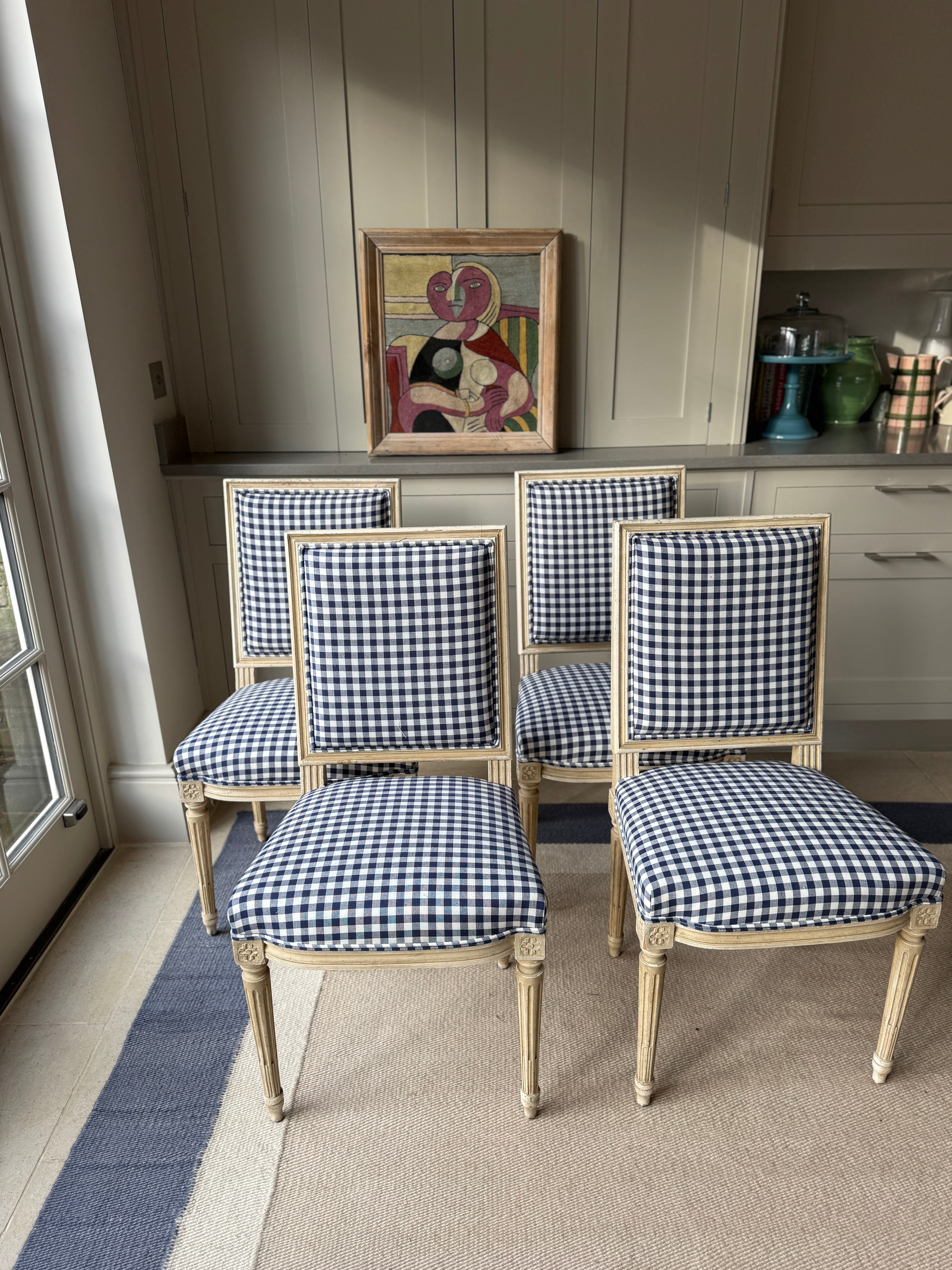 Set of 4 French Dining Chairs in Blue and White Gingham