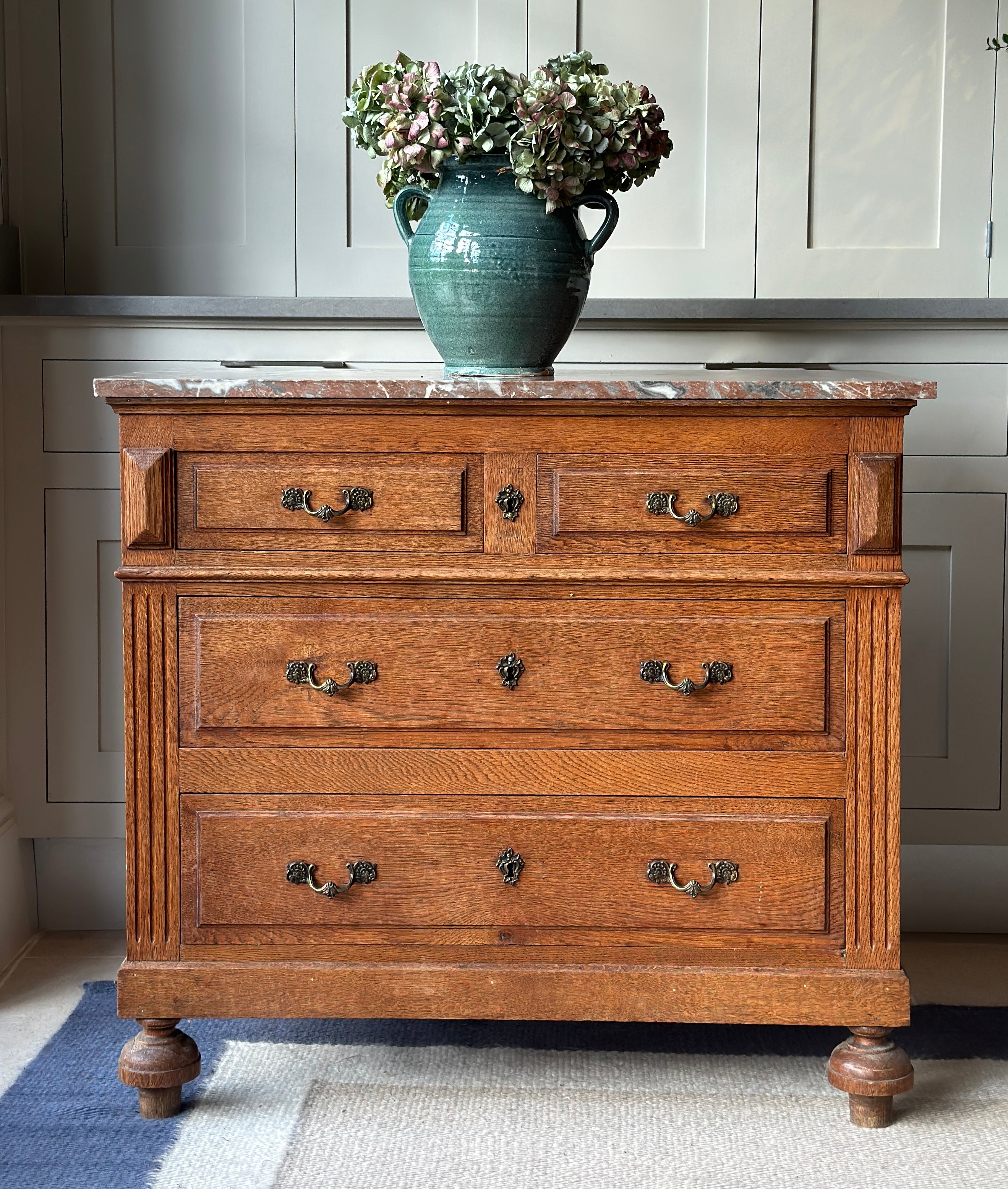 Small Early 20th Century Oak Commode with Polychrome Marble Top