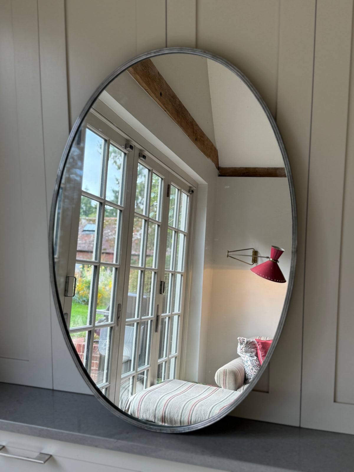 Mid-Century Italian Oval Mirror in Reeded Nickel