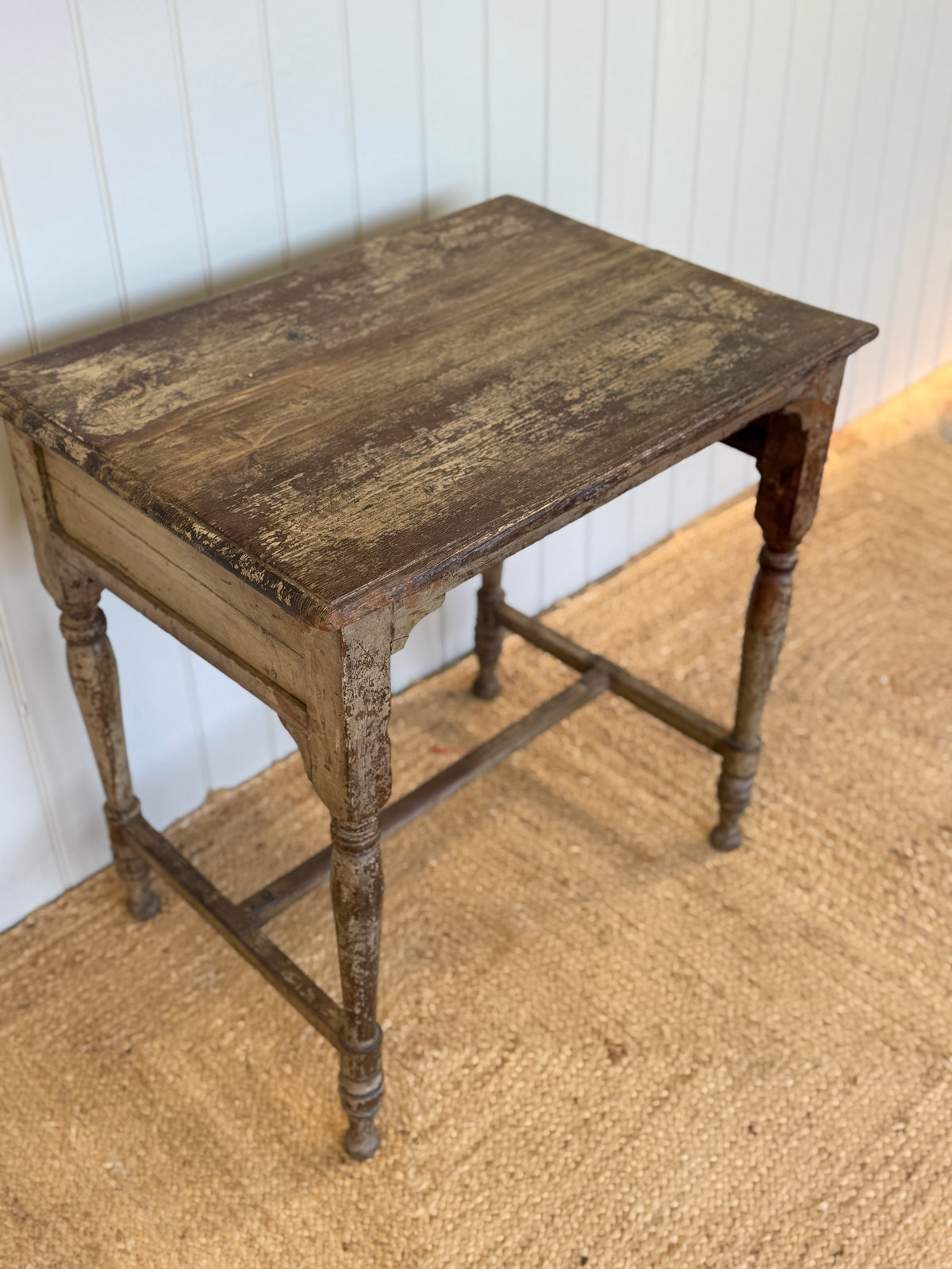 Rustic Antique Painted Side Table with Turned Legs