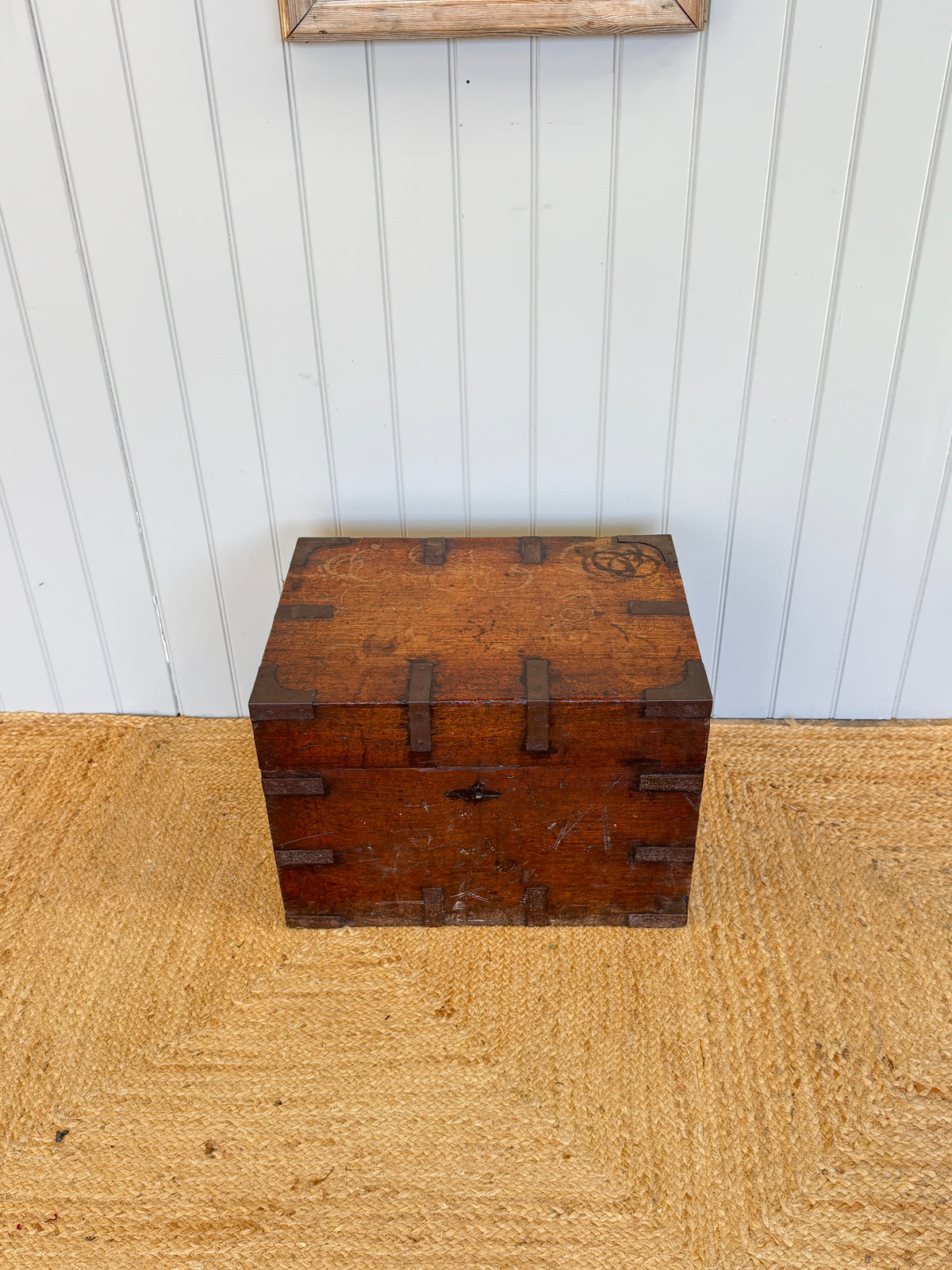 Antique Teak Strongbox with Iron Bound Corners and Inscribed Lid