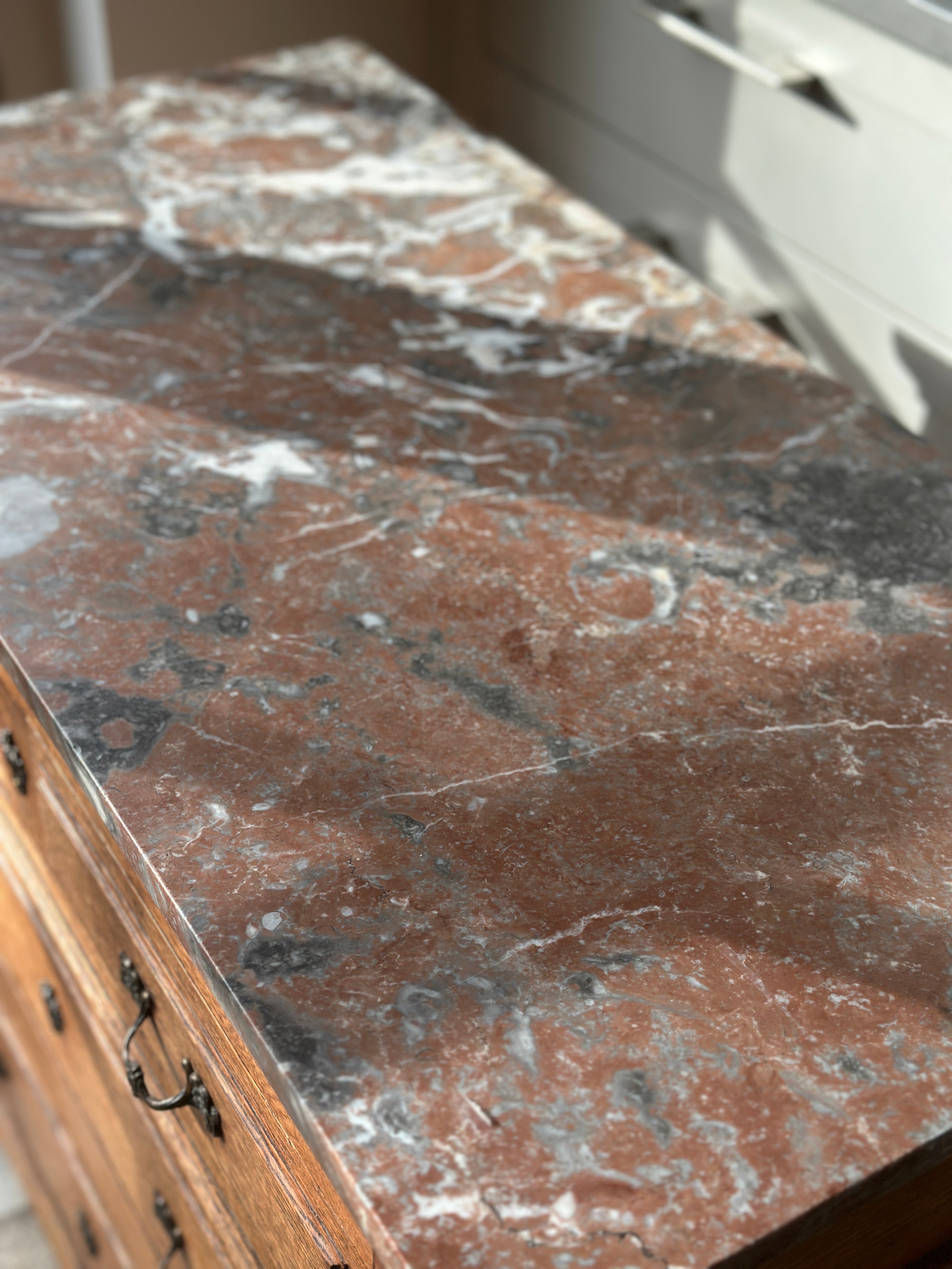 Small Early 20th Century Oak Commode with Polychrome Marble Top