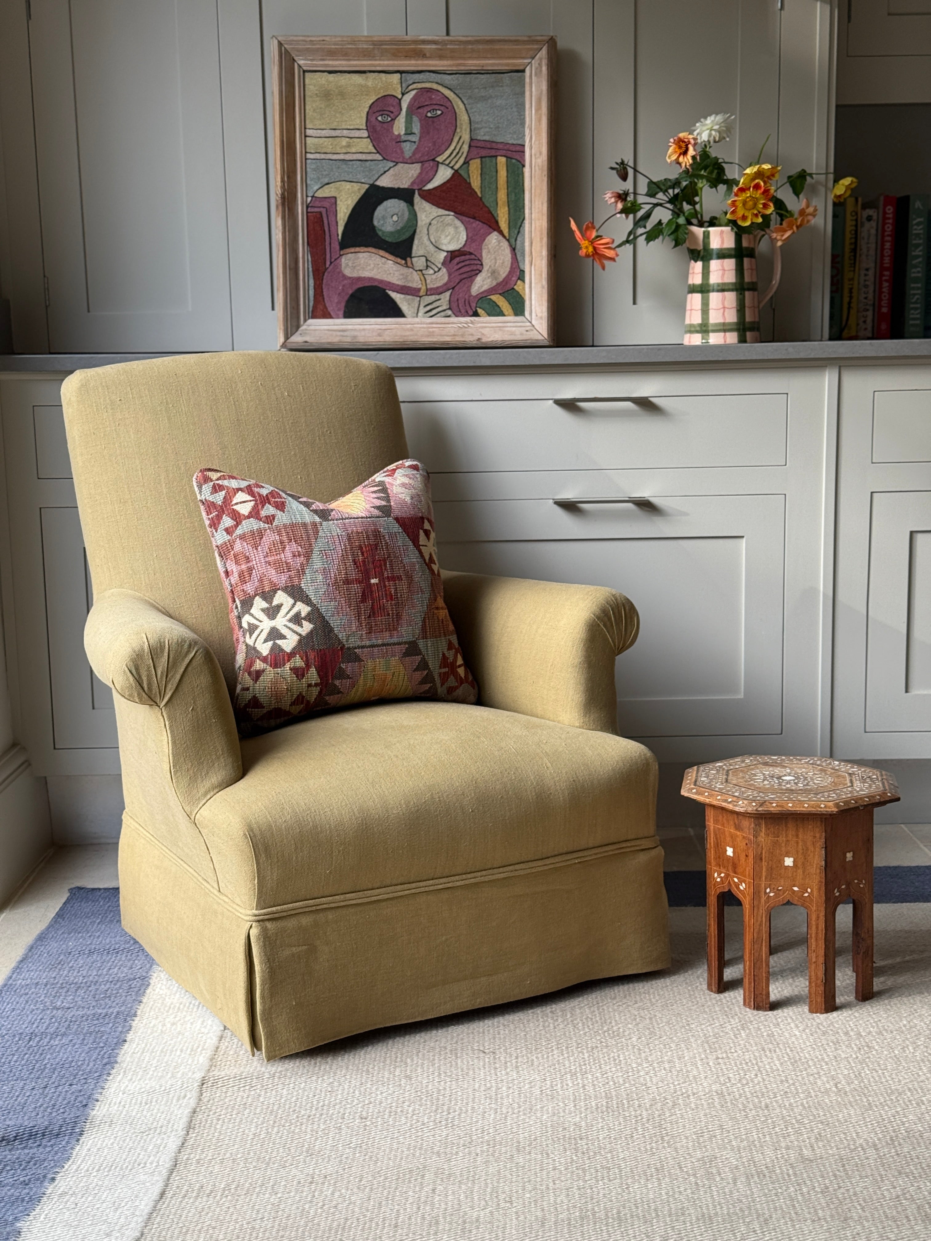 French Squareback Chair Upholstered on yellow linen with skirt
