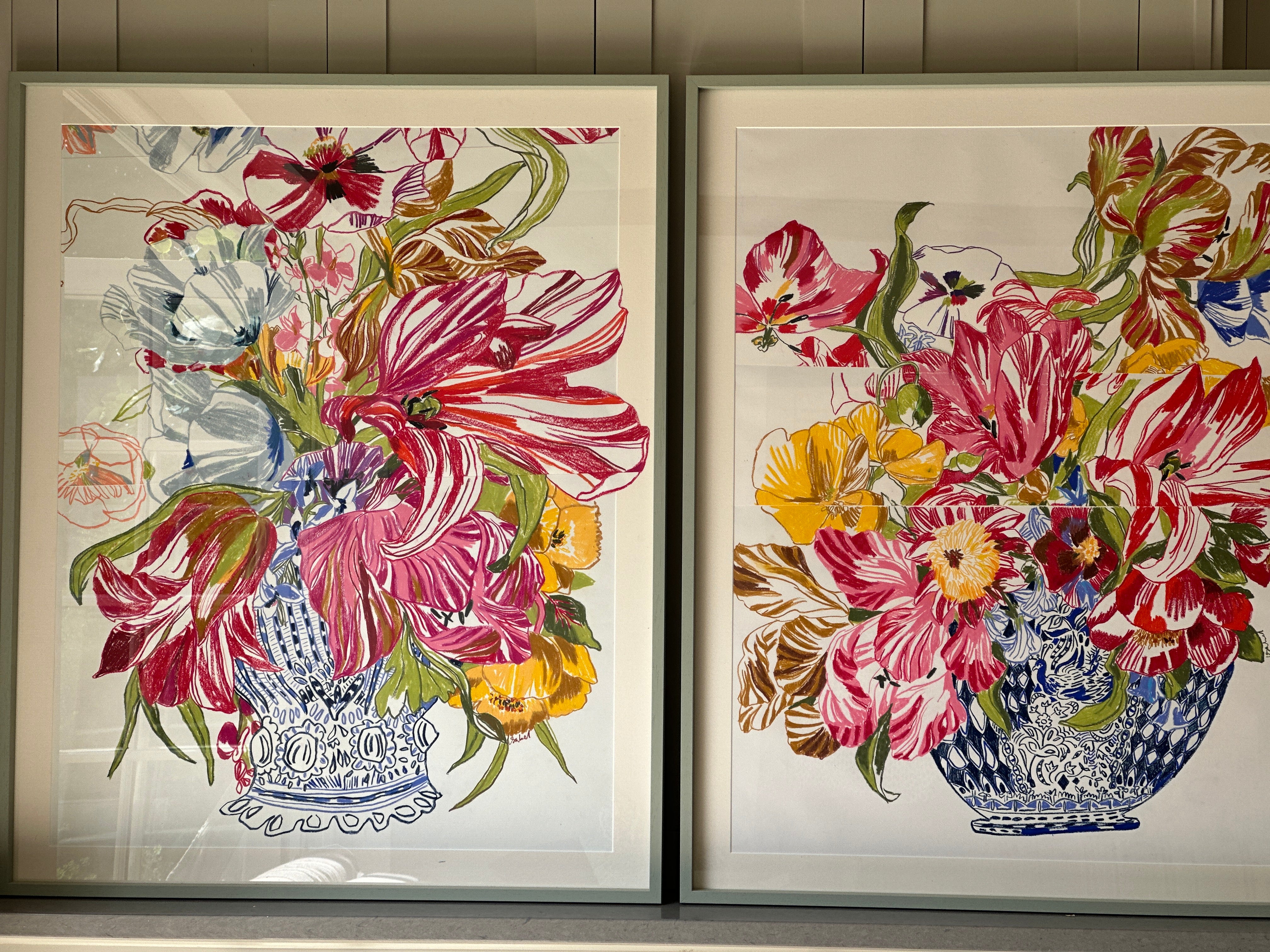 Ochre and Red Tulips - Delft Pot Oil Pastel Collaged by Isabel Fishlock