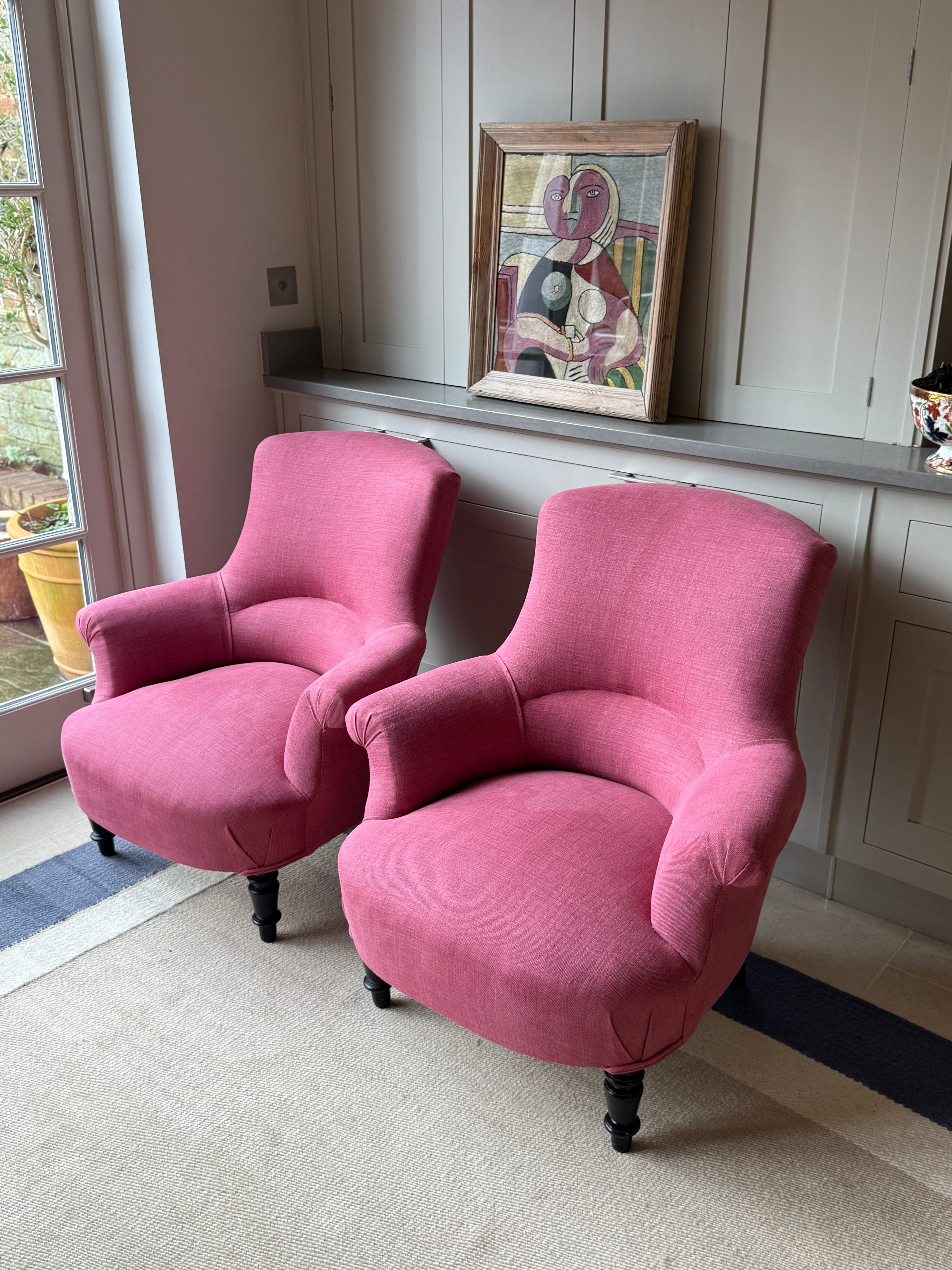 Pair of French Crapaud Tub Chairs in Pink linen