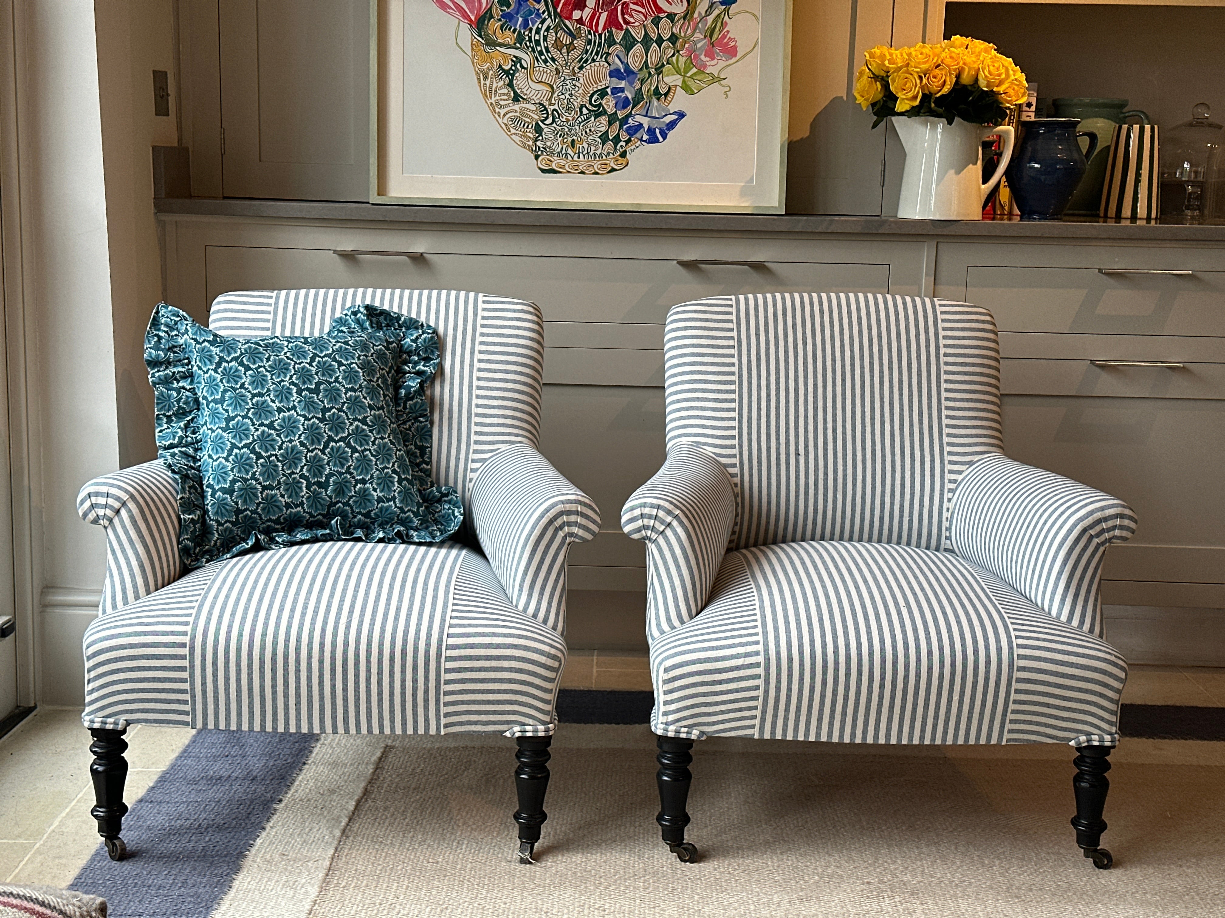 Small Napoleon III Squareback Armchairs in blue ticking
