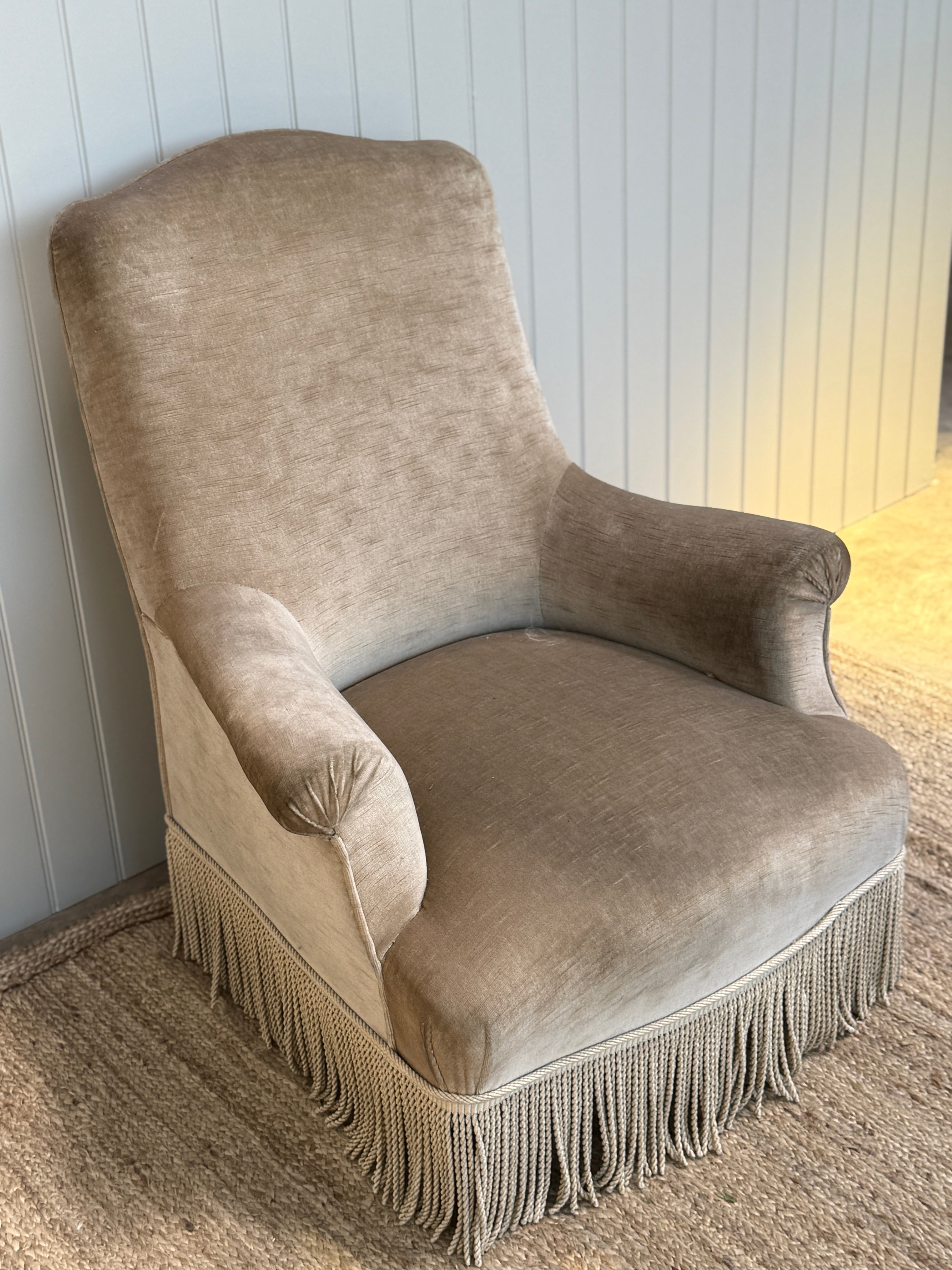 French Squareback Armchair in Beige Velvet