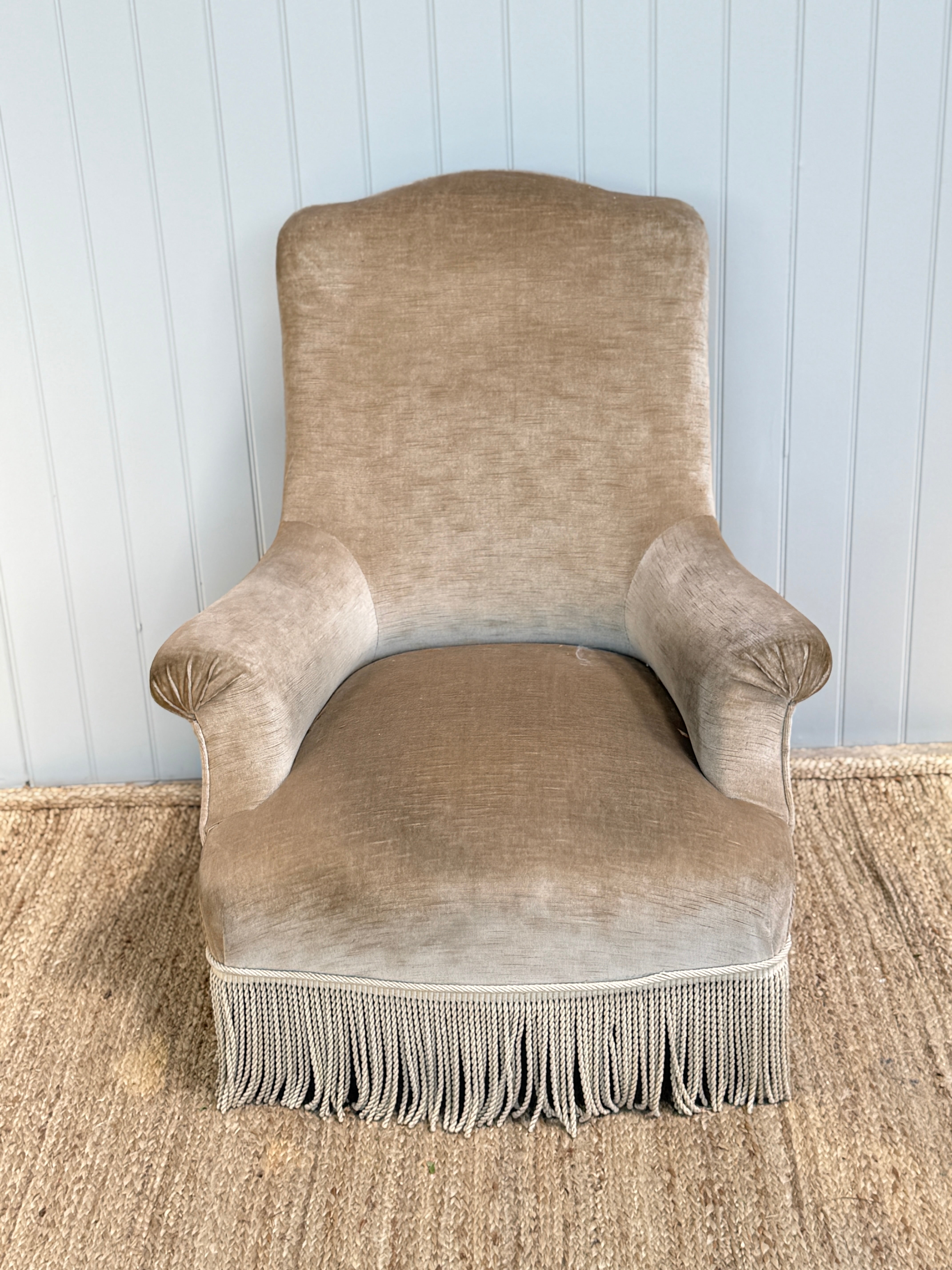 French Squareback Armchair in Beige Velvet