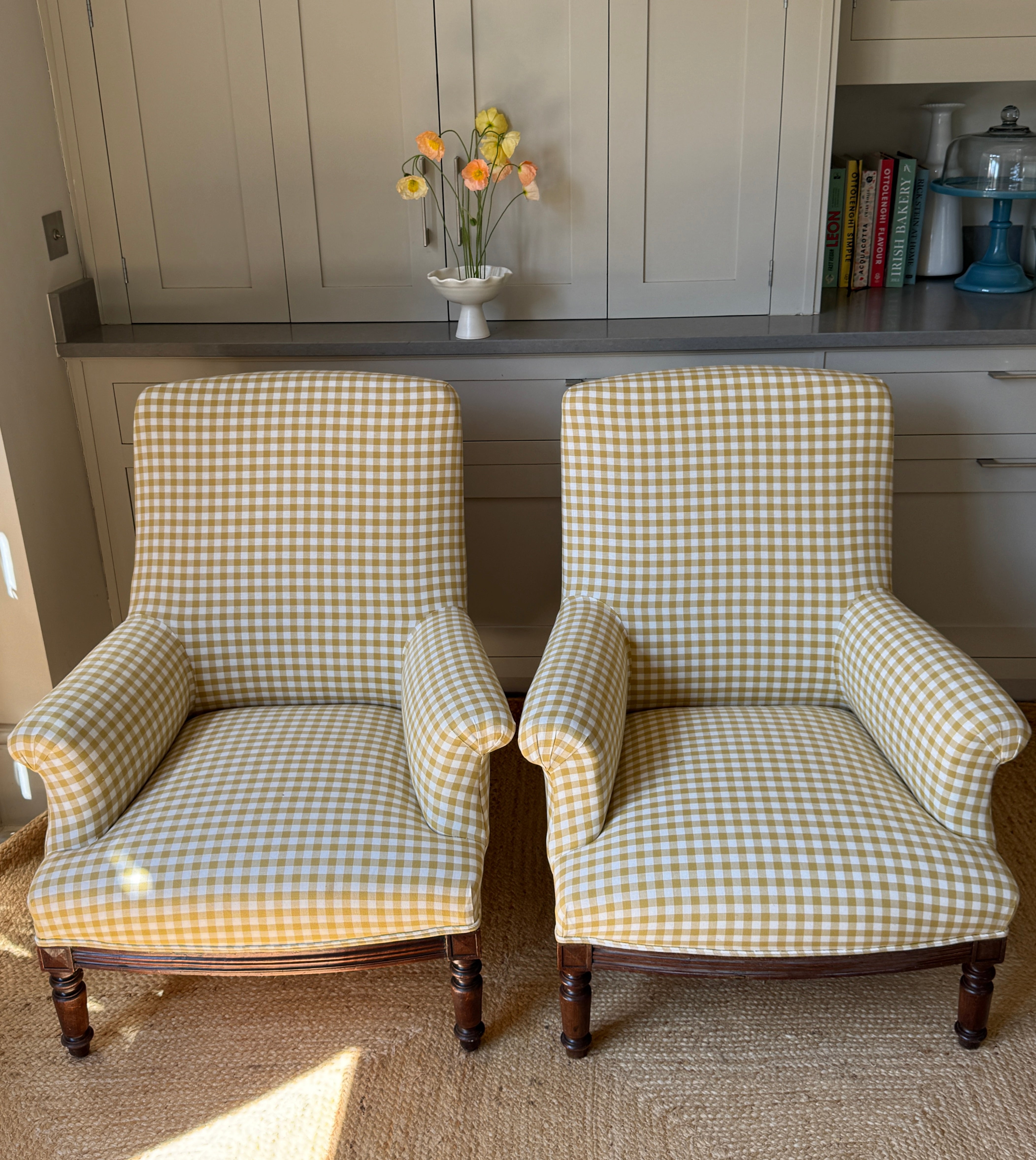 A Pair of Napoleon III Armchairs, Reupholstered in Yellow Gingham