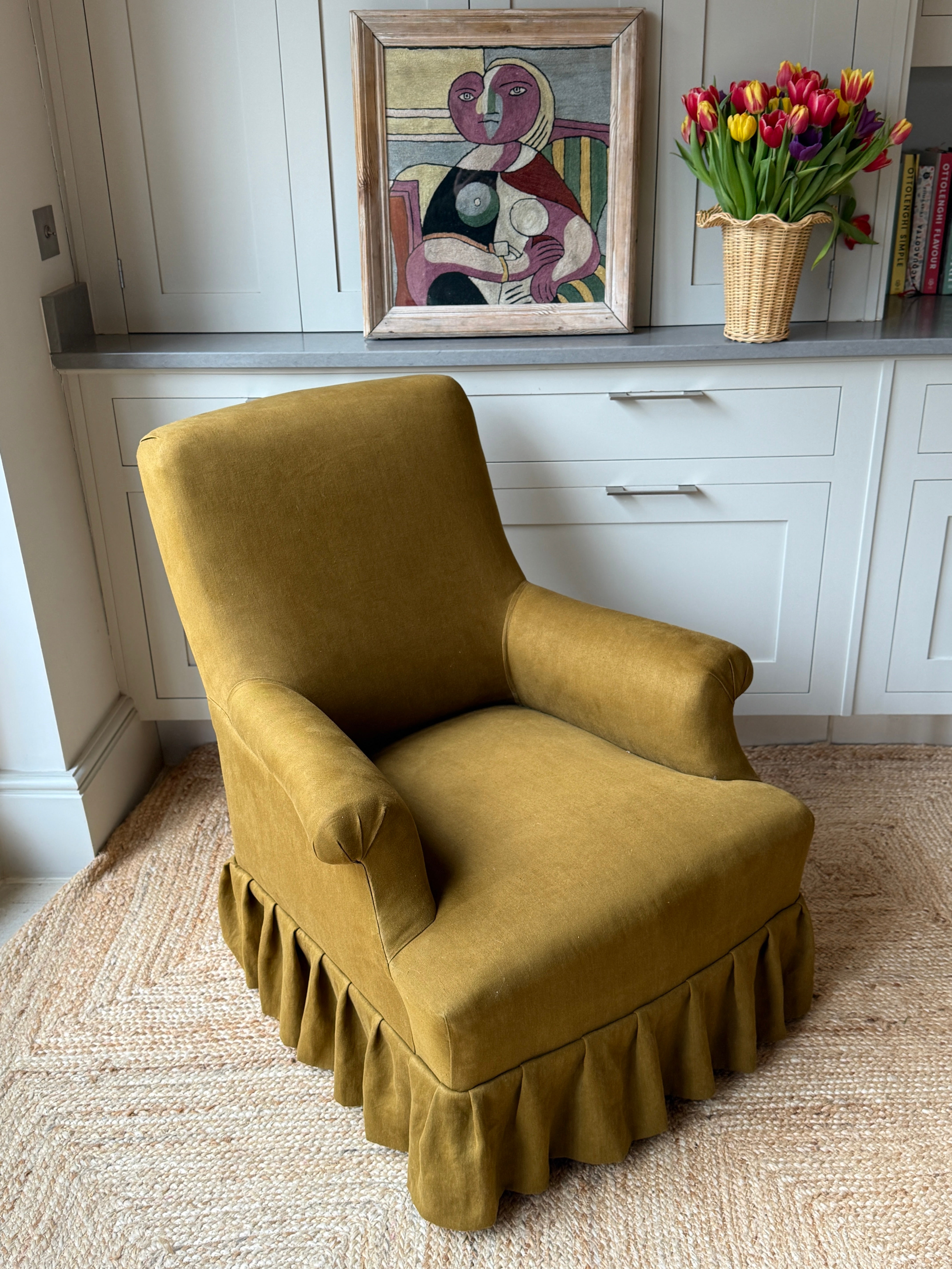 Late 19th Century Armchair in Khaki Green Linen and loose Skirt