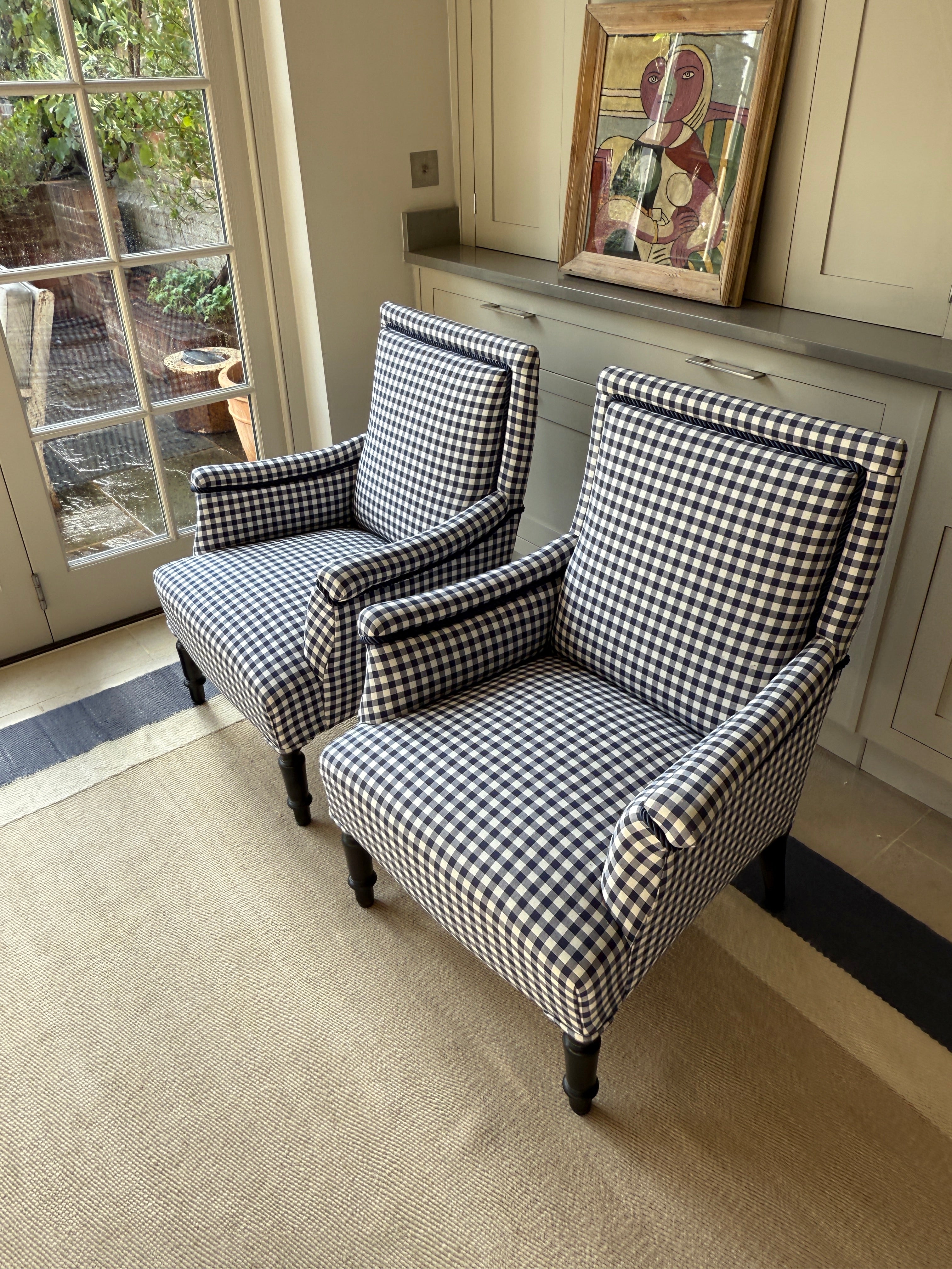 Pair of 19th Century French Armchairs in Navy Gingham