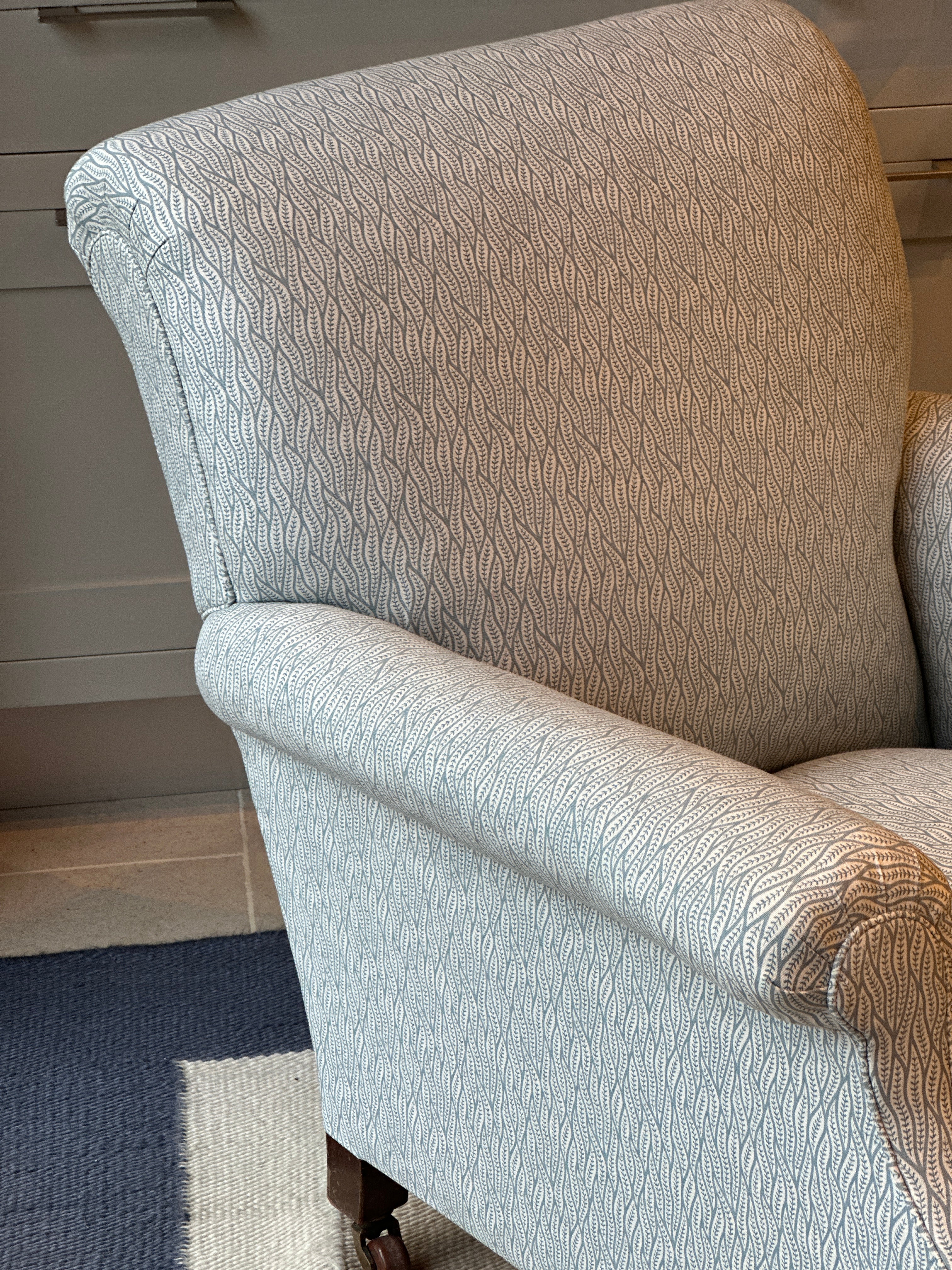 Large English 19th Century Armchair in Bennison Benjelloun Teal on Oyster