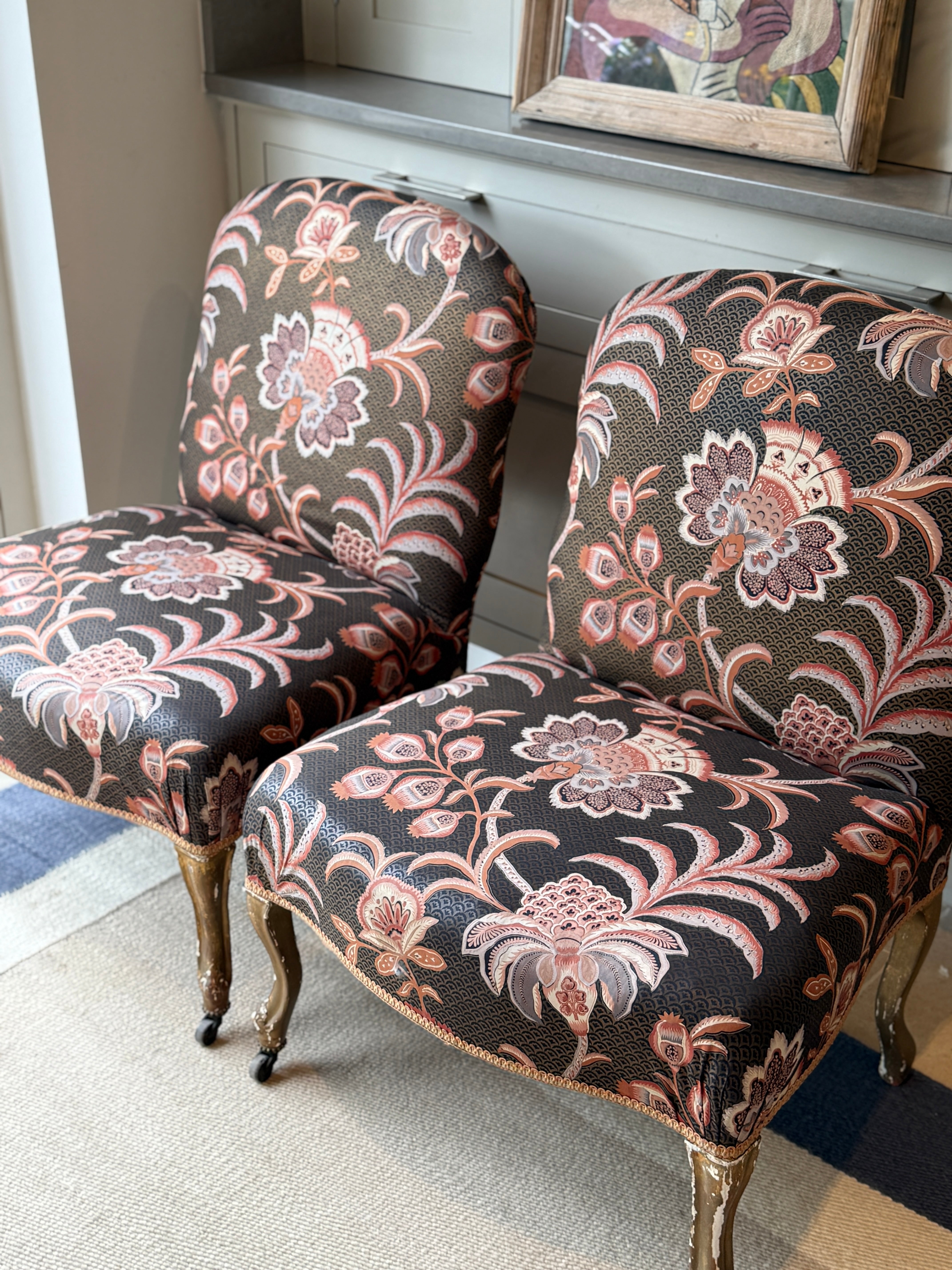 Large Pair of French Slipper Chairs in Floral Fabric