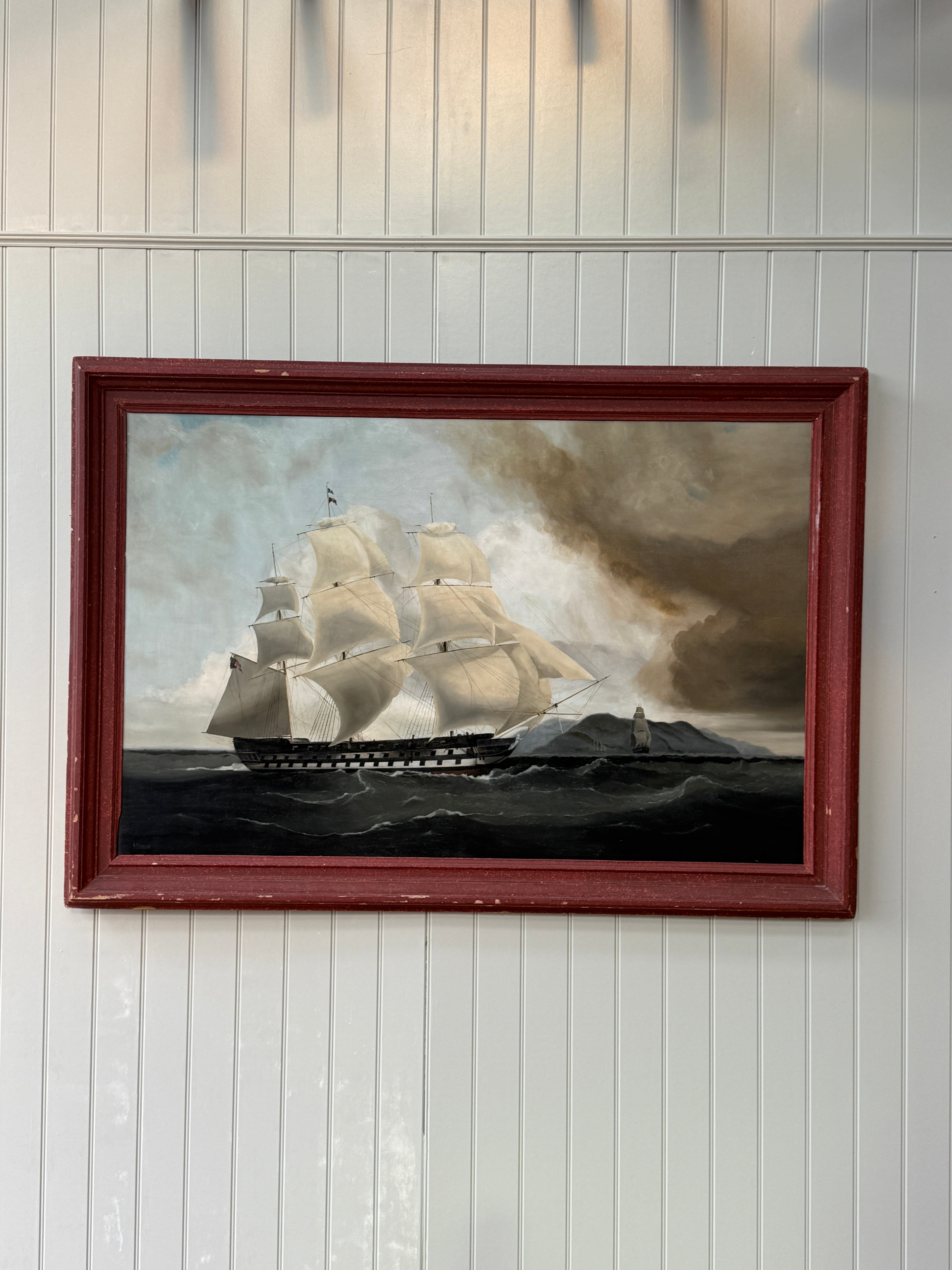 Large Naive Oil Painting of huge Sail boat in Harbour by A Findlay