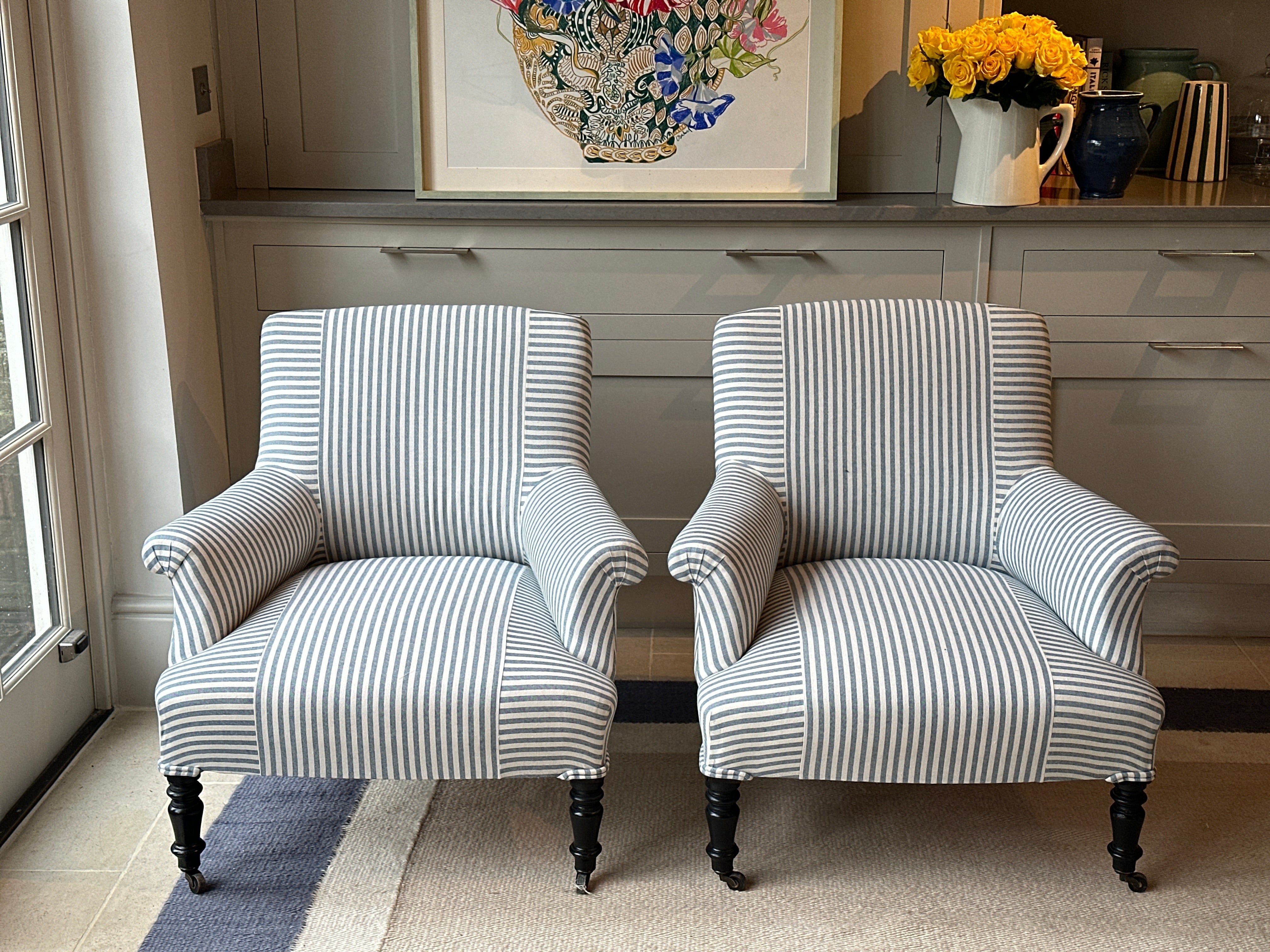 Small Napoleon III Squareback Armchairs in blue ticking