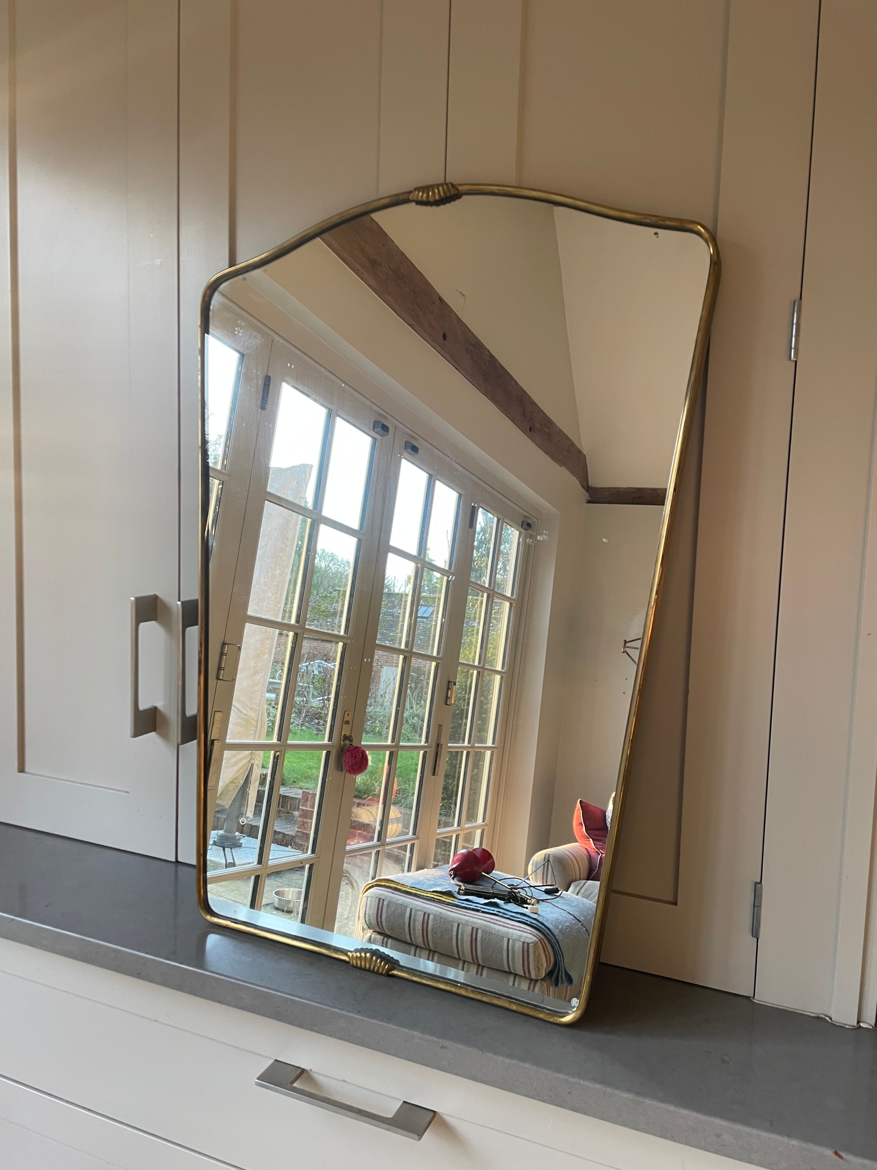 Italian Mid Century Brass Shield Mirror with Reeded border