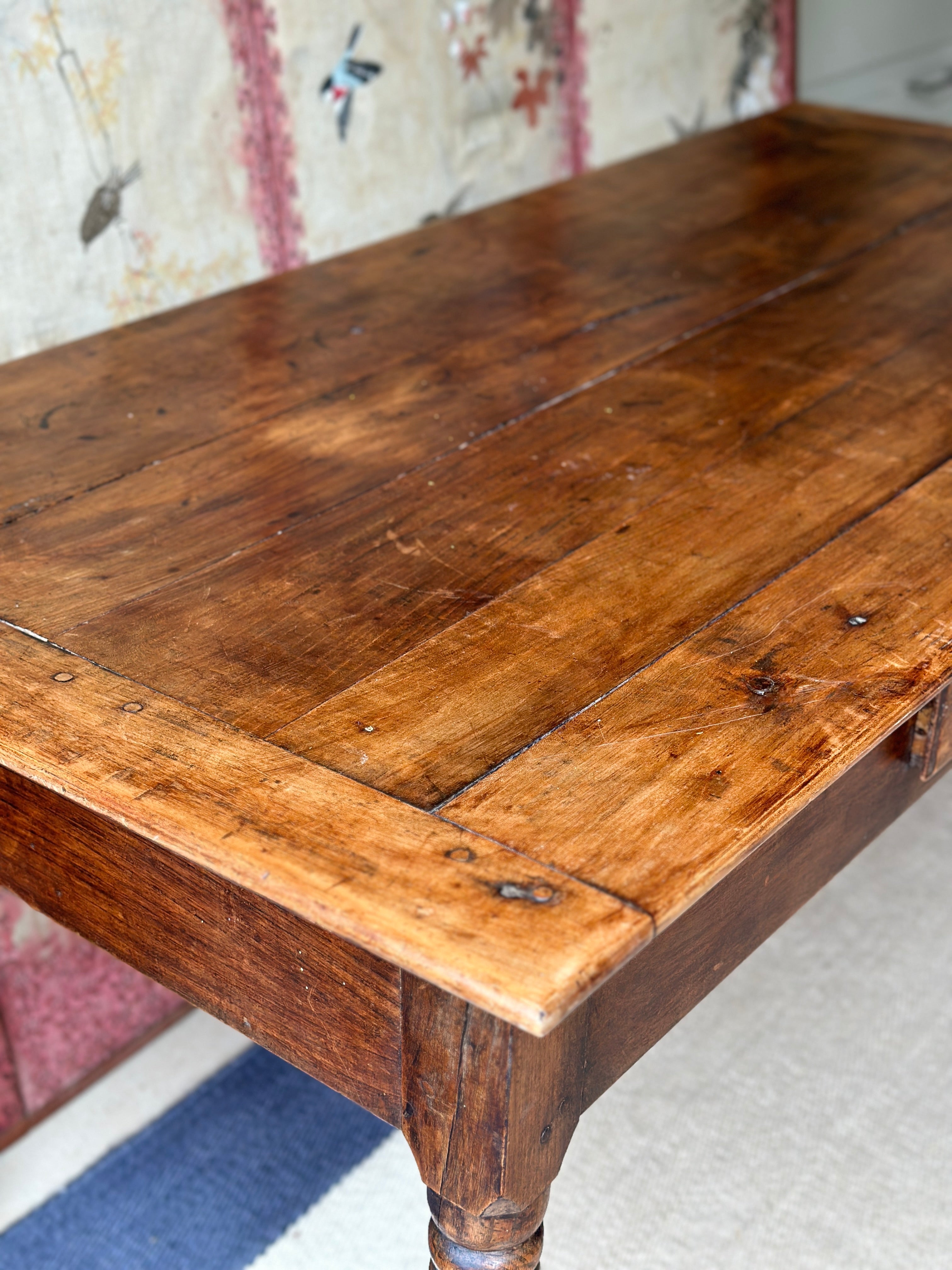 French Antique Pine Dining Table with drawer