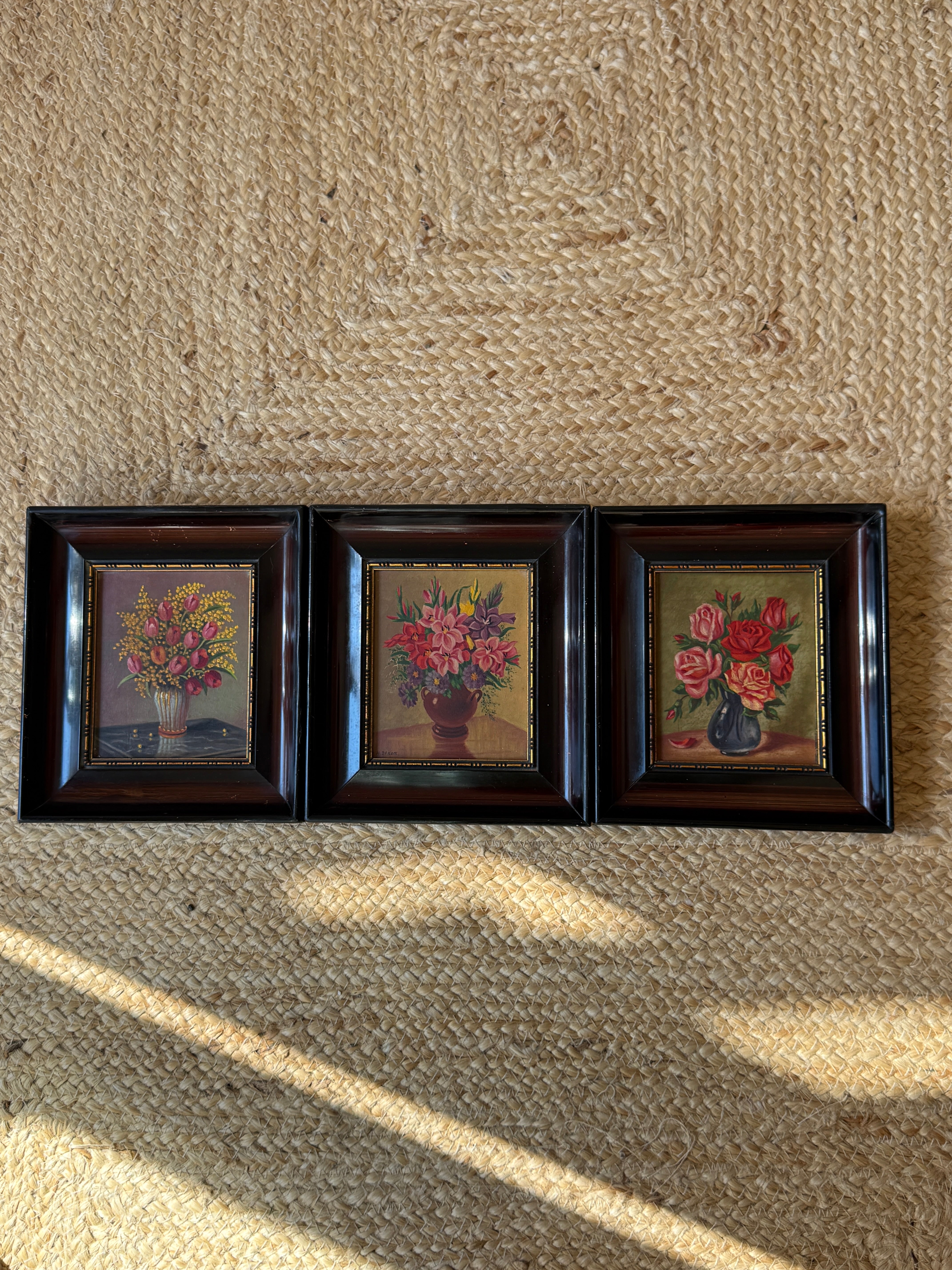 Set of 3 Small Floral Oil Pastel Paintings