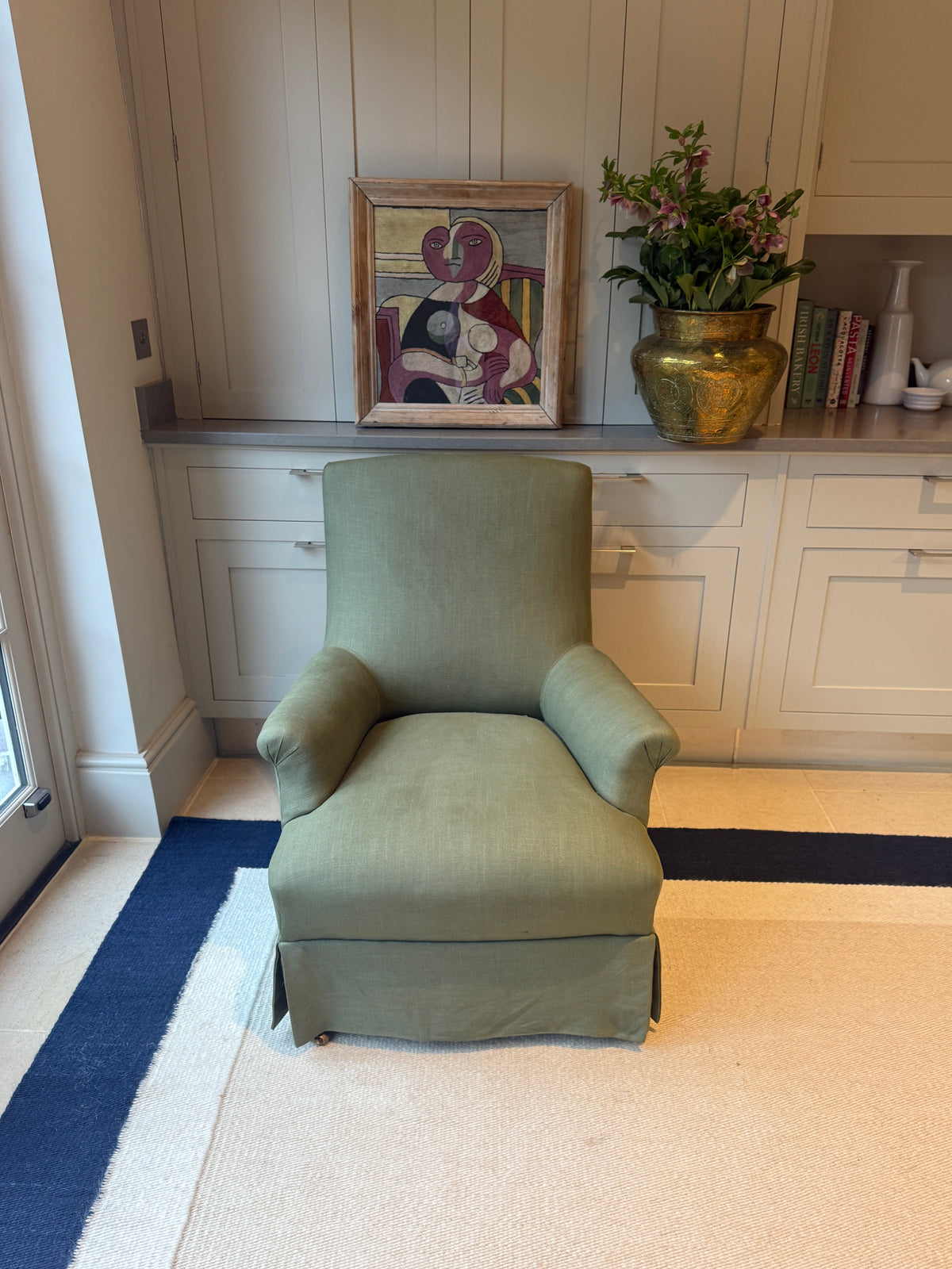 Napoleon III Armchair in Sage Green Linen