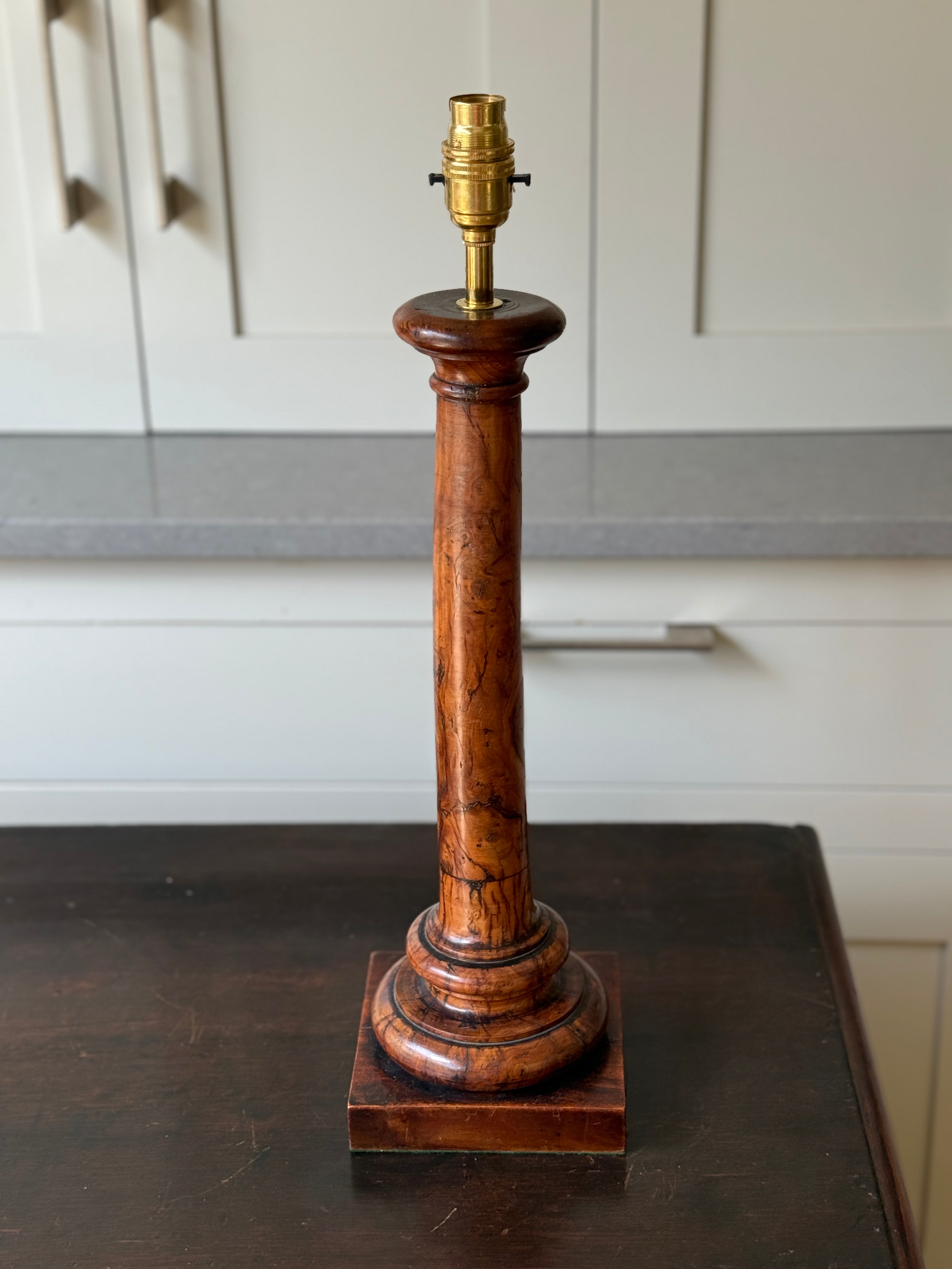 Late 19th Turned Burr Wood Column Table Lamp