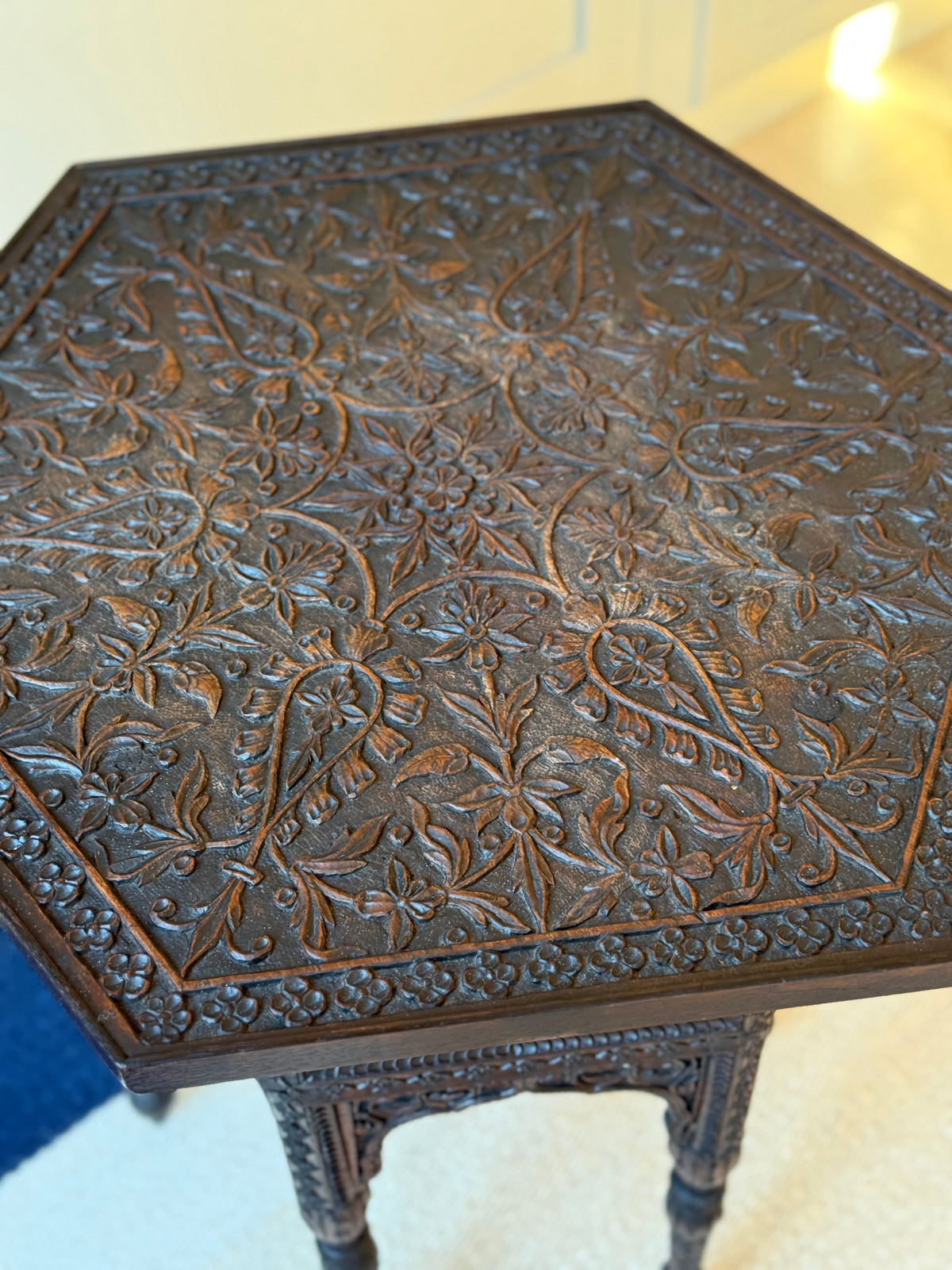 Antique Anglo-Indian Carved Hexagonal Occasional Table