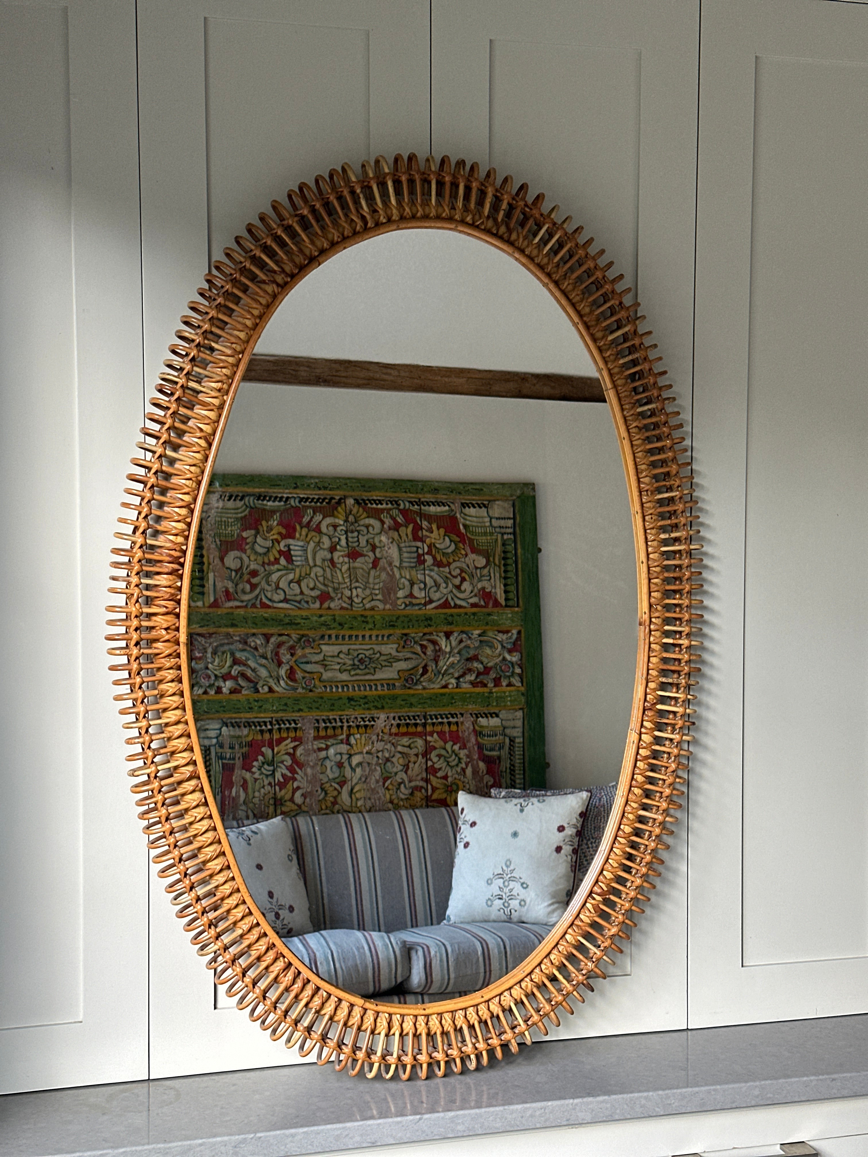 Large Italian Cane Oval Mirror from the 60s